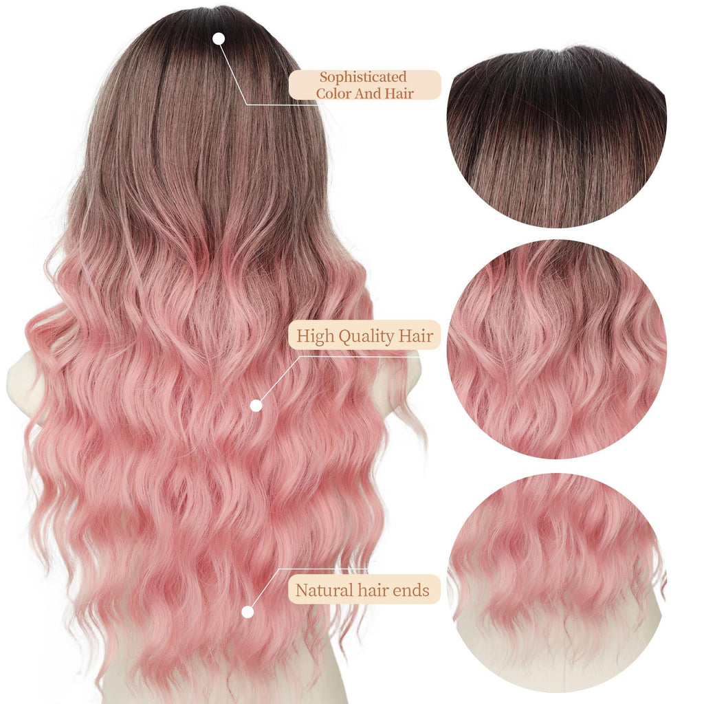 Long Brown Mixed Blonde Wavy Wig 4x1 Lace Natural Hairline Middle Part Curly Heat-Resistant Synthetic Fiber for Women & Beginners Daily Party Use 26In