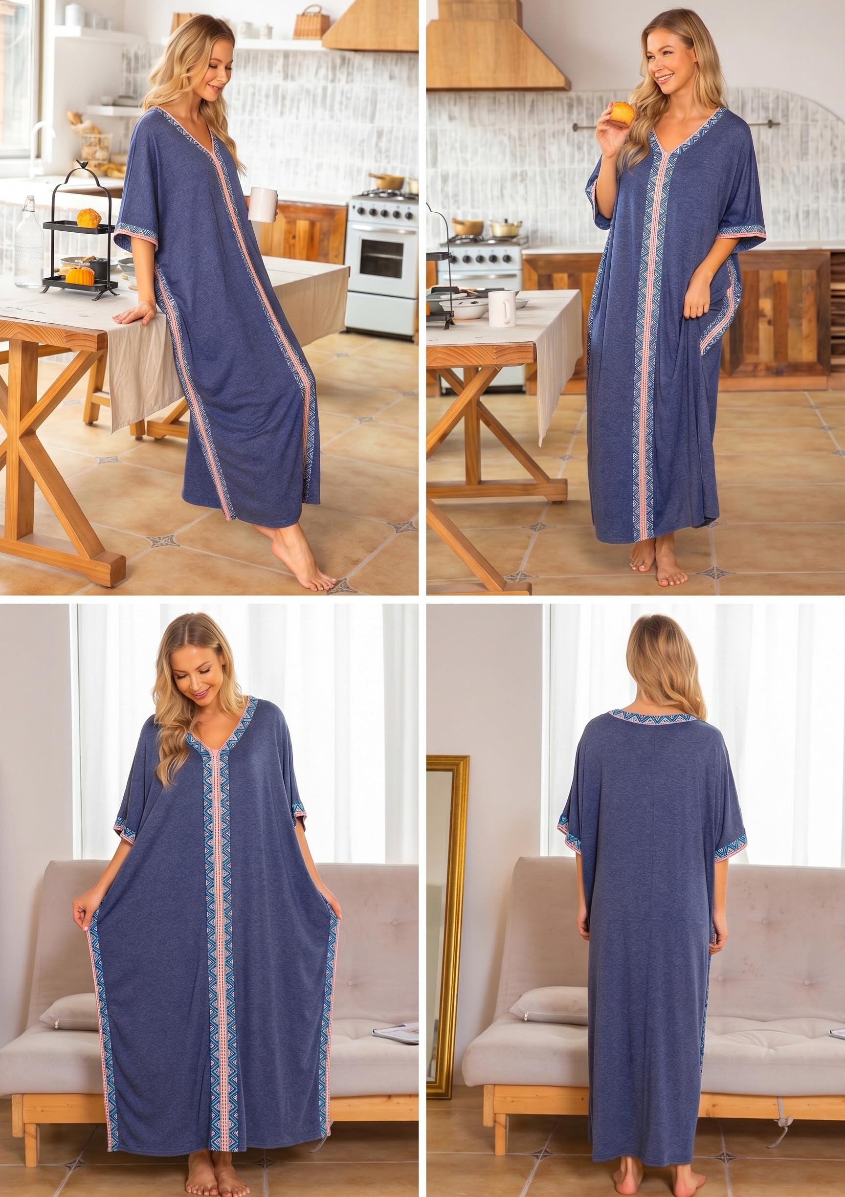 Women Nightgowns Cotton Caftan House Dress Short Sleeve Sleepwear Vacation Beach Moo Moos Dress with Pockets
