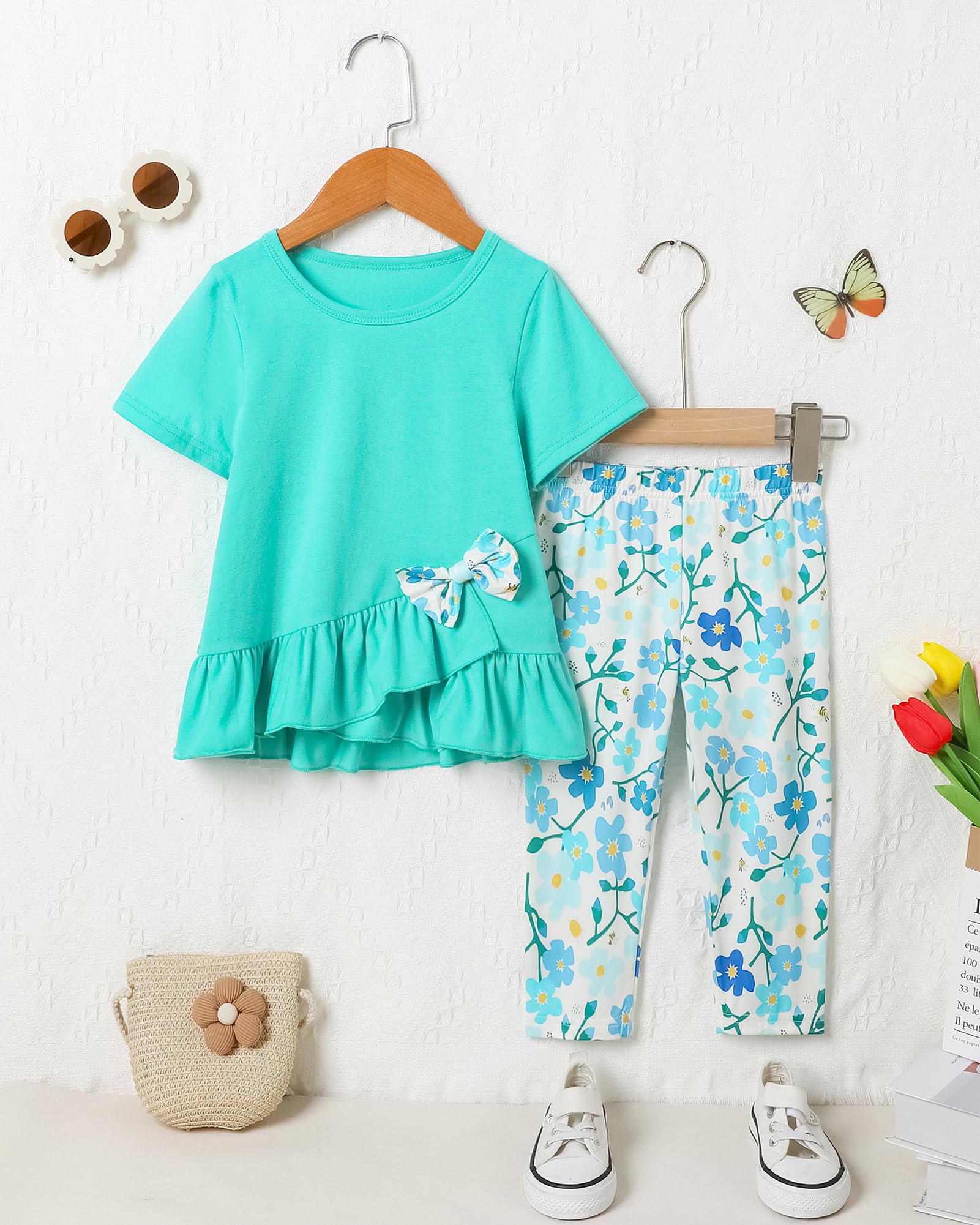 Toddler Girl Clothes 2-8Years Girls Outfit, Short Sleeve Ruffle Bowknot Top+Floral Capri Pants 2Pcs Spring Summer Set