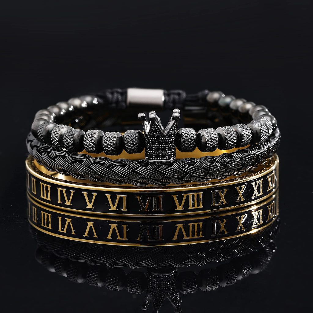 3PCS Stainless Steel Bracelets for Men Gold Roman Numeral Bangle Bracelet Twisted Cable Bracelet Adjustable Cuff Bracelet Mens Luxury Jewelry Bracelets Gifts