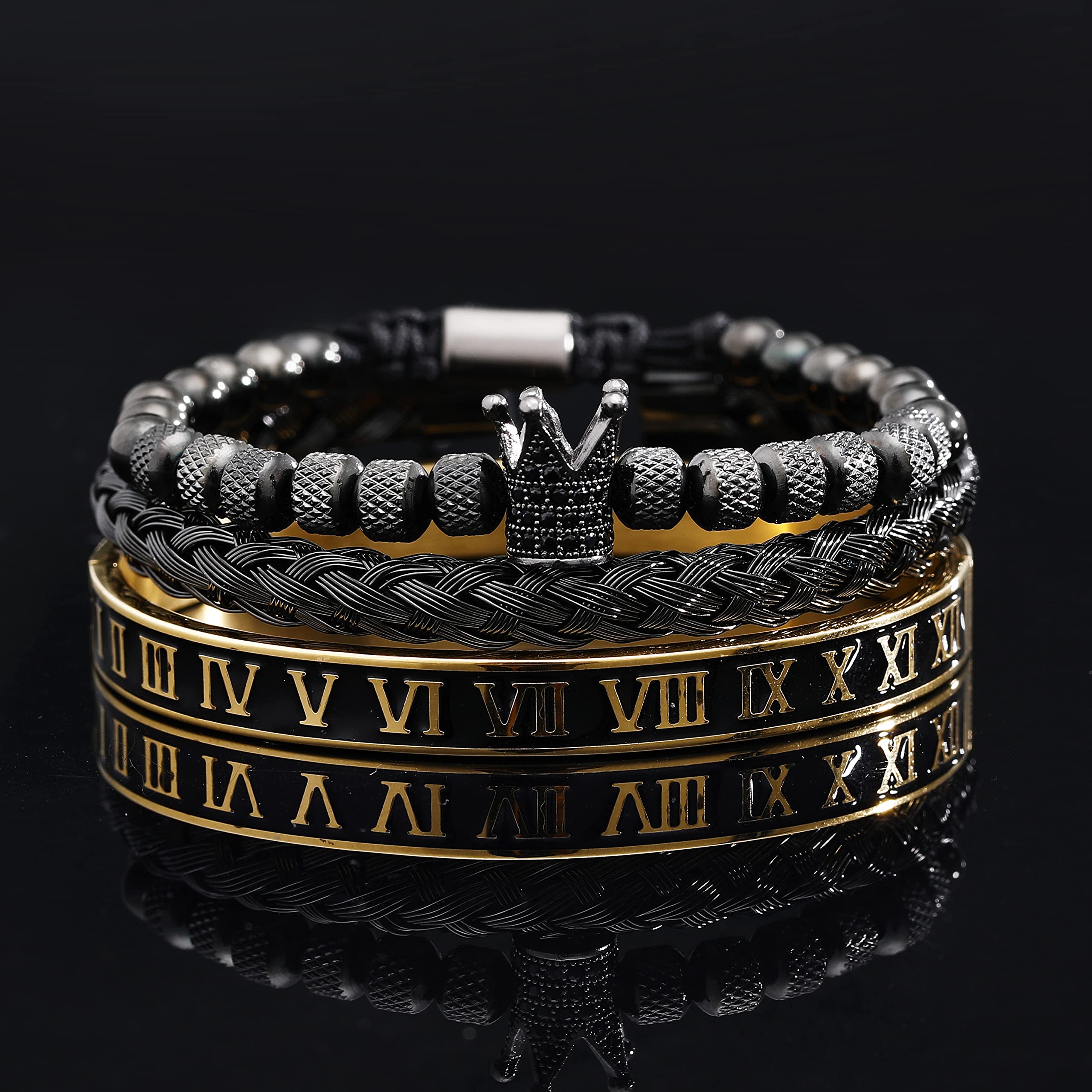 3PCS Stainless Steel Bracelets for Men Gold Roman Numeral Bangle Bracelet Twisted Cable Bracelet Adjustable Cuff Bracelet Mens Luxury Jewelry Bracelets Gifts
