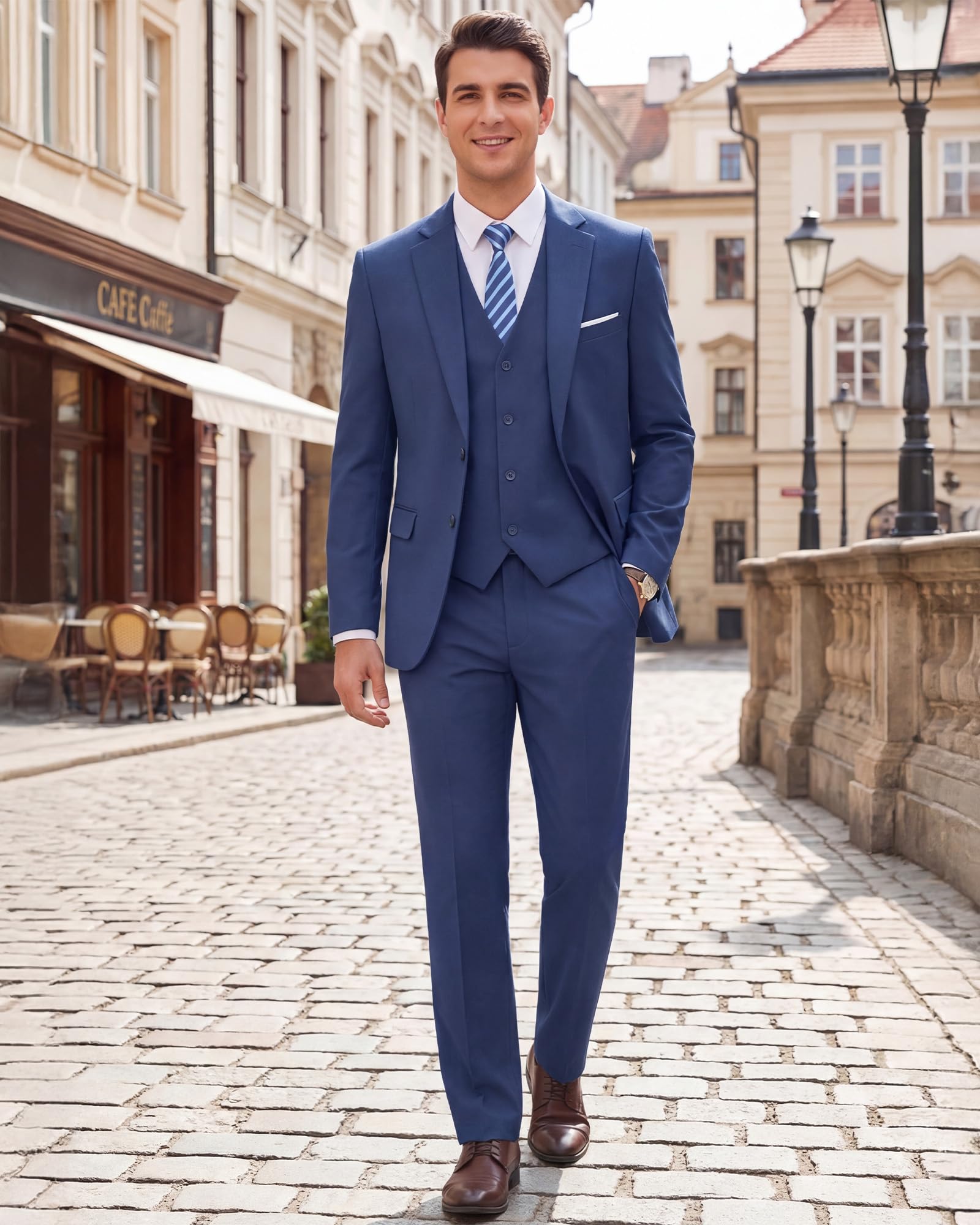 Men's Slim Fit 3 Piece Suits Two Button Blazer Vest & Pants Tuxedo Set for Business Wedding Party