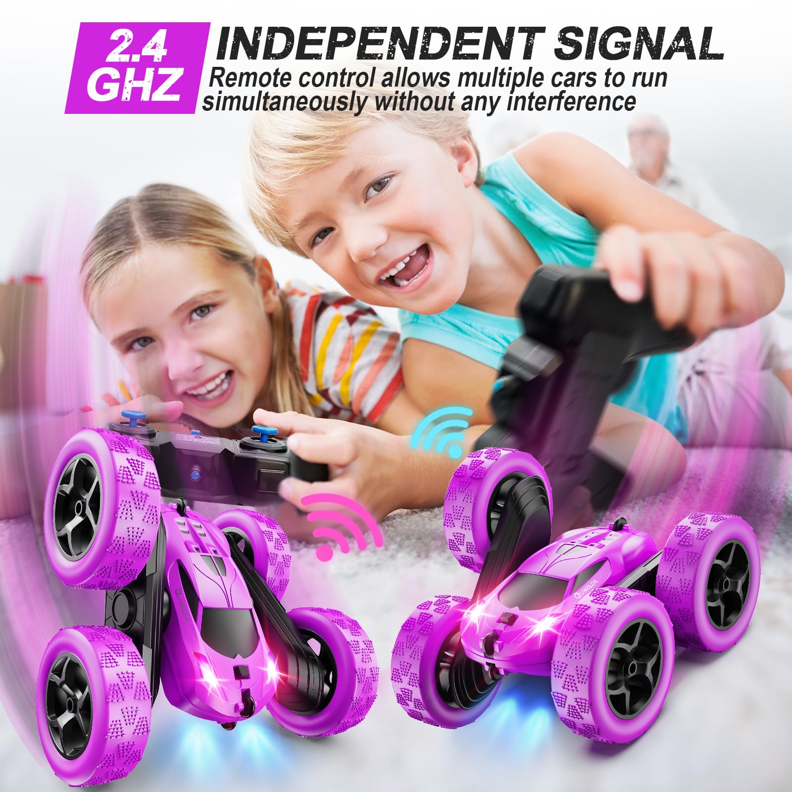 QUNREDA RC Cars, Pink Remote Control Car for Girls, 2.4 GHZ Double Sided RC Stunt Car 360° Rotating Remote Control Crawler with Headlights Car Toys for 6 7 8 9 10 11 12 Girls Birthday Gift Grandkids