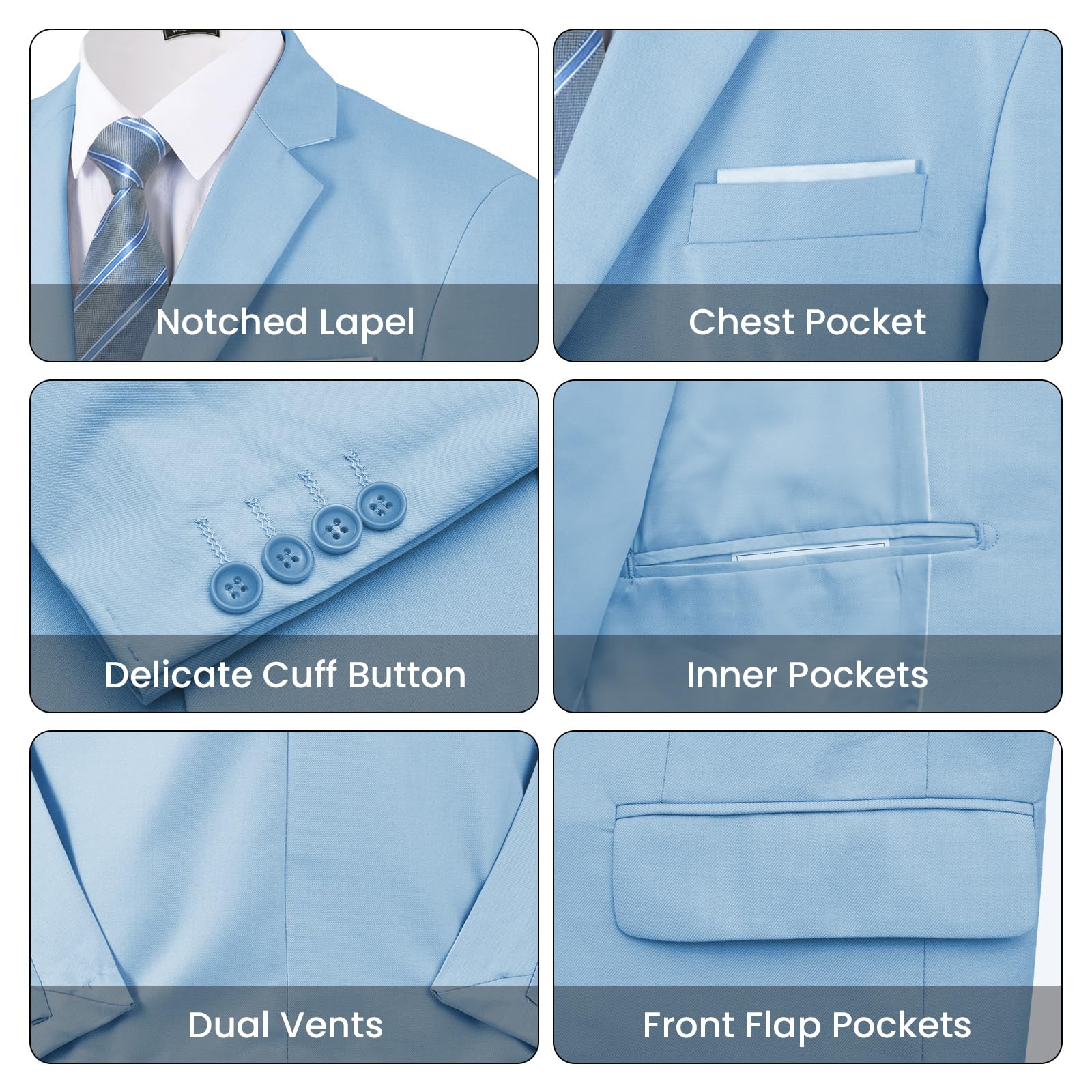 Mens Two Button 3-Piece Suits Slim Fit Tuxedo Set with Blazer Jacket Vest & Pants for Wedding Prom Business