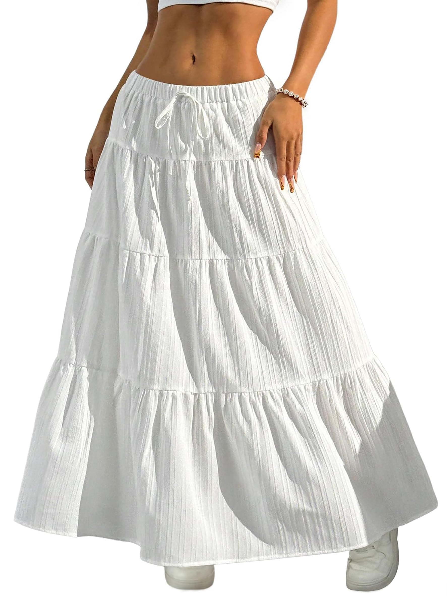Women's Boho Flowy White Maxi Skirt Flared Ruffle Elastic Waist Summer A Line 2026 Spring Long Skirts