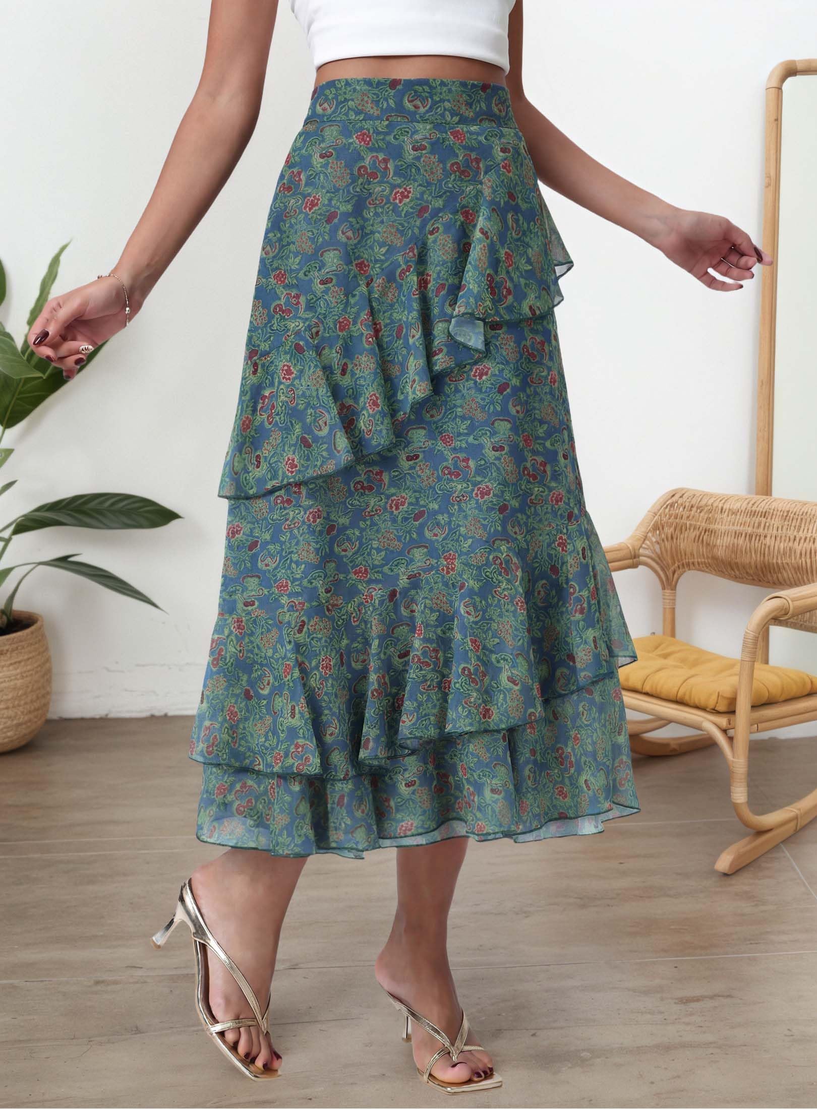 Women's Boho Flowy White Maxi Skirt Flared Ruffle Elastic Waist Summer A Line 2026 Spring Long Skirts