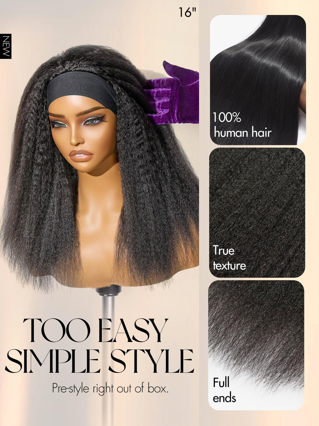HAIR Headband Wig Human Hair Kinky Straight Drawstring Half Wig for Black Women 100% Real Human Hair Glueless None Lace Wigs Brazilian Virgin Hair Machine Made Wig 200 Density Natural Color
