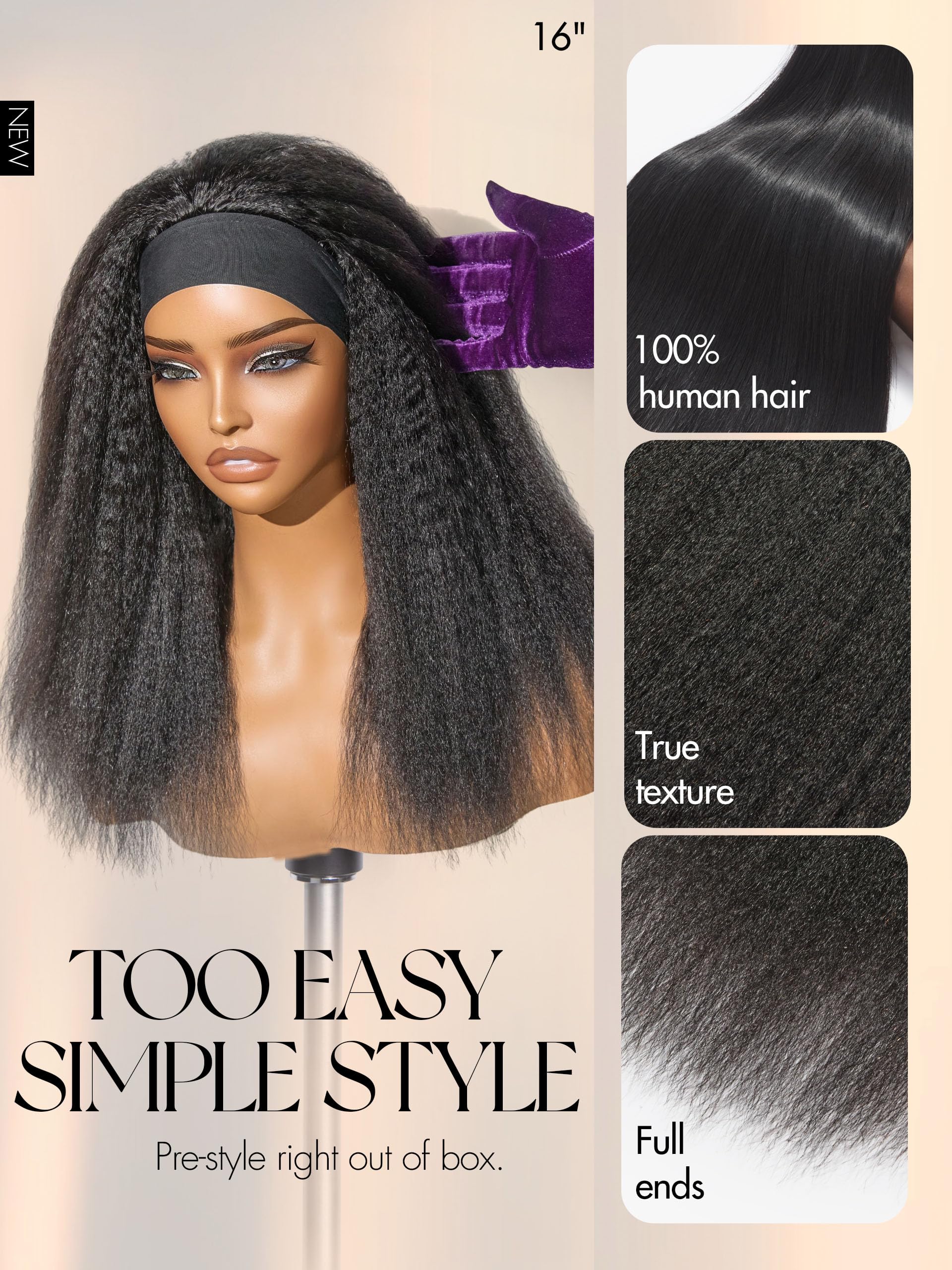 HAIR Headband Wig Human Hair Kinky Straight Drawstring Half Wig for Black Women 100% Real Human Hair Glueless None Lace Wigs Brazilian Virgin Hair Machine Made Wig 200 Density Natural Color