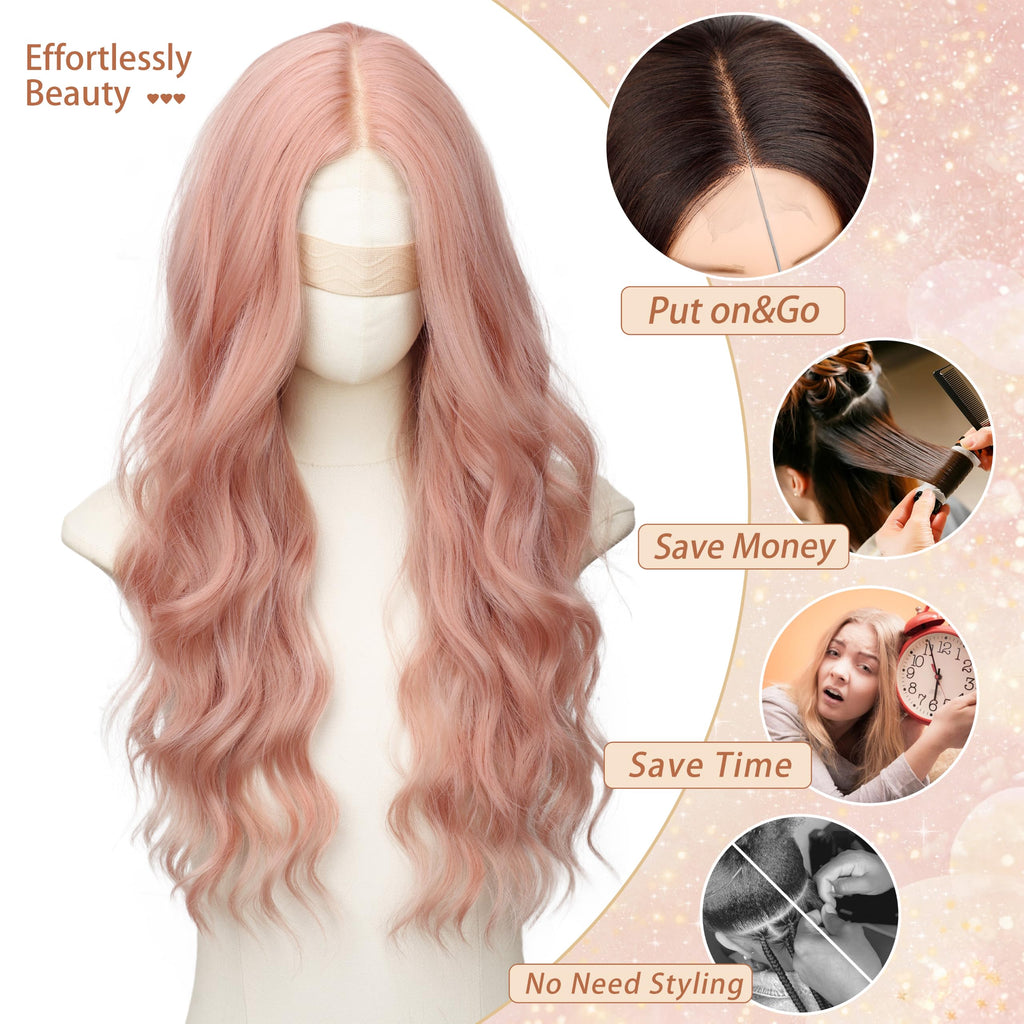 Long Brown Mixed Blonde Wavy Wig 4x1 Lace Natural Hairline Middle Part Curly Heat-Resistant Synthetic Fiber for Women & Beginners Daily Party Use 26In