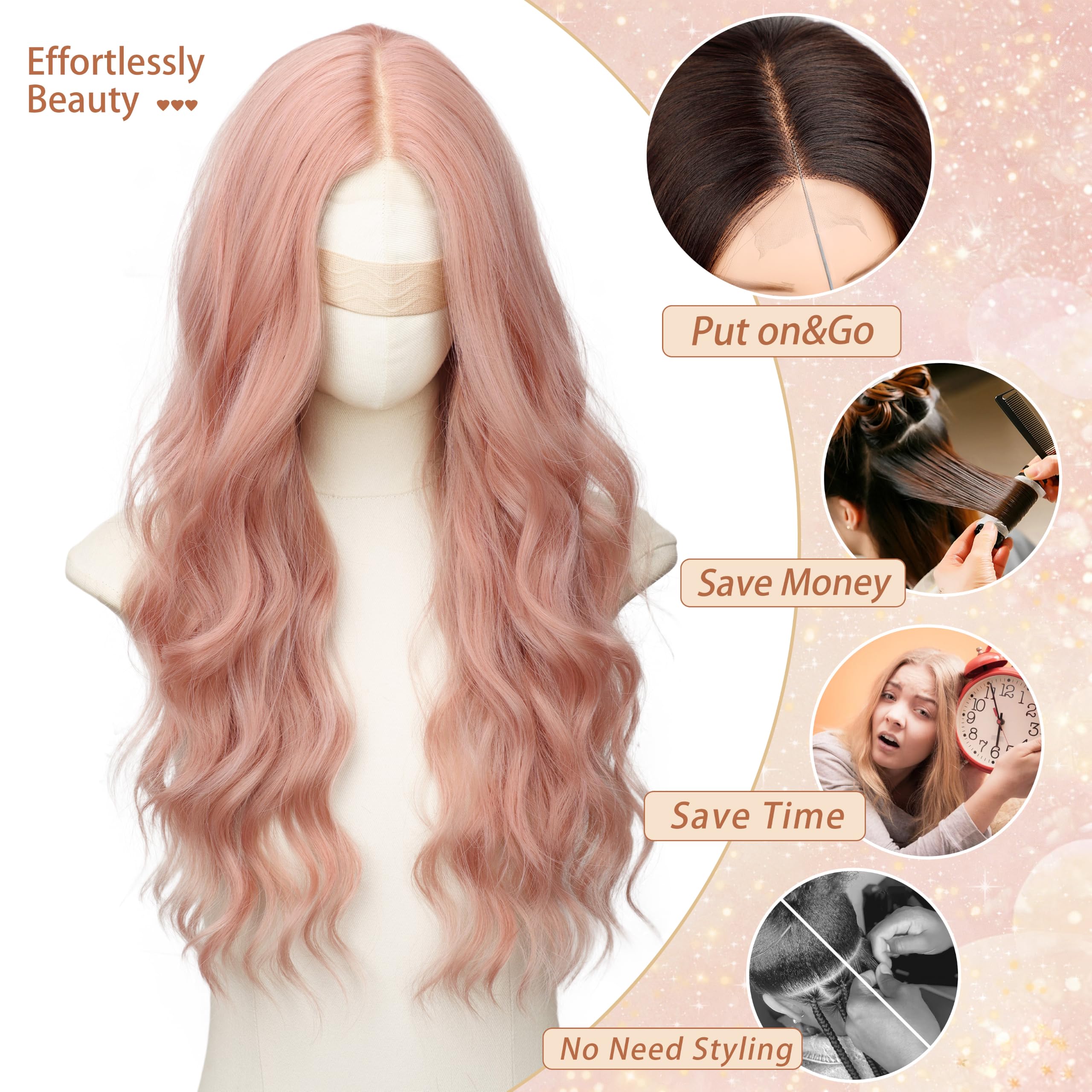 Long Brown Mixed Blonde Wavy Wig 4x1 Lace Natural Hairline Middle Part Curly Heat-Resistant Synthetic Fiber for Women & Beginners Daily Party Use 26In