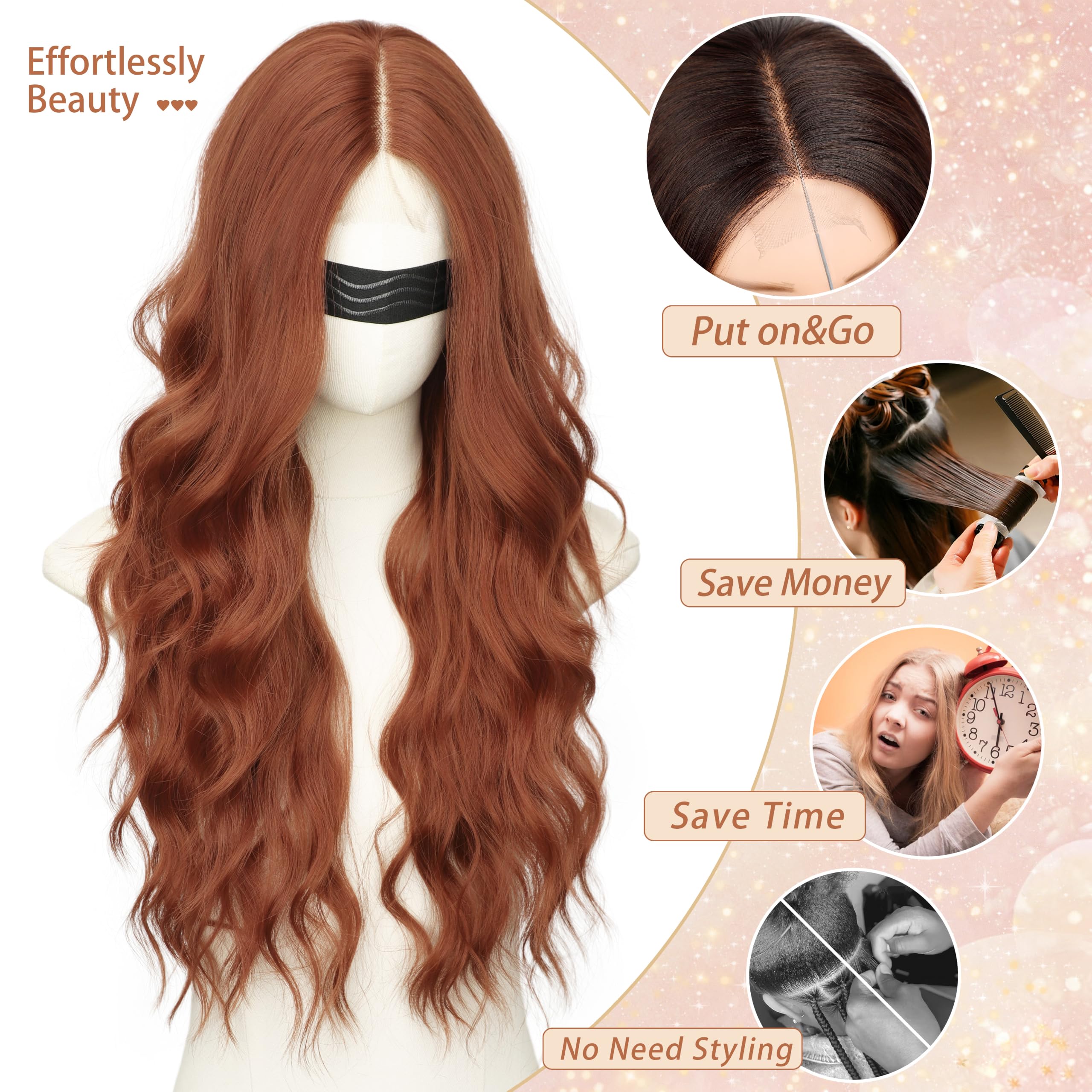 Long Brown Mixed Blonde Wavy Wig 4x1 Lace Natural Hairline Middle Part Curly Heat-Resistant Synthetic Fiber for Women & Beginners Daily Party Use 26In