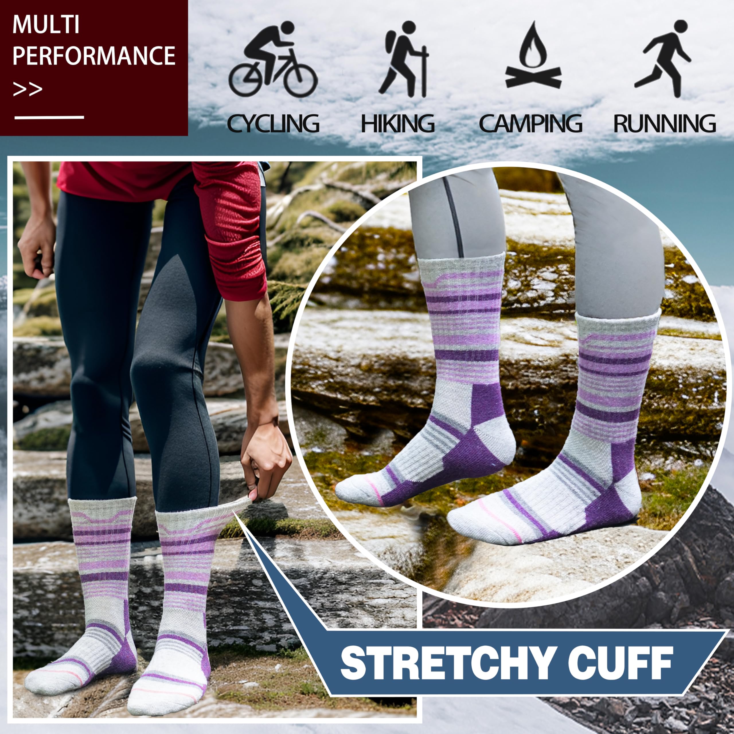Merino Wool Hiking Socks for Women Thermal Winter Warm Boot Work Cushion Socks 5 Pairs