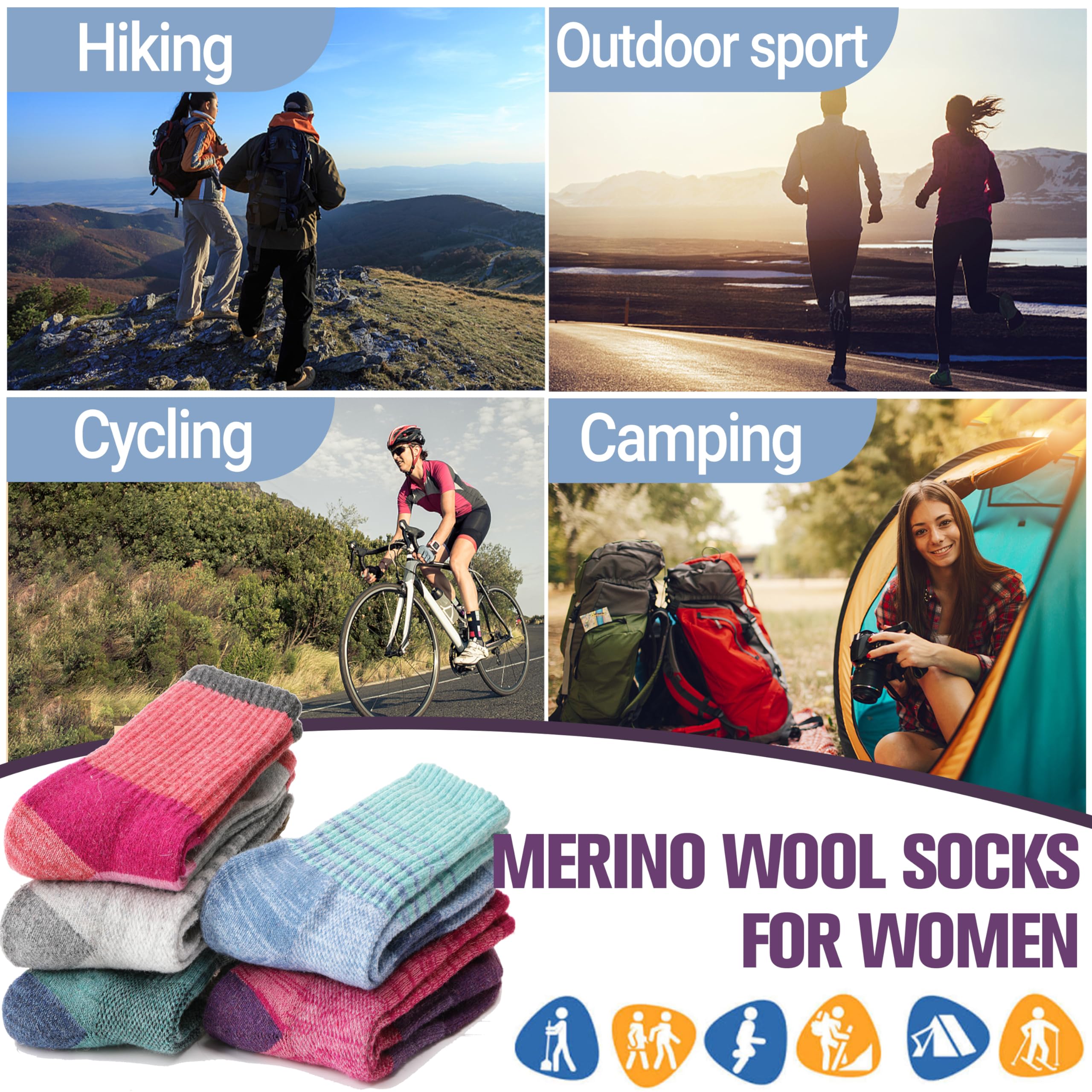 Merino Wool Hiking Socks for Women Thermal Winter Warm Boot Work Cushion Socks 5 Pairs