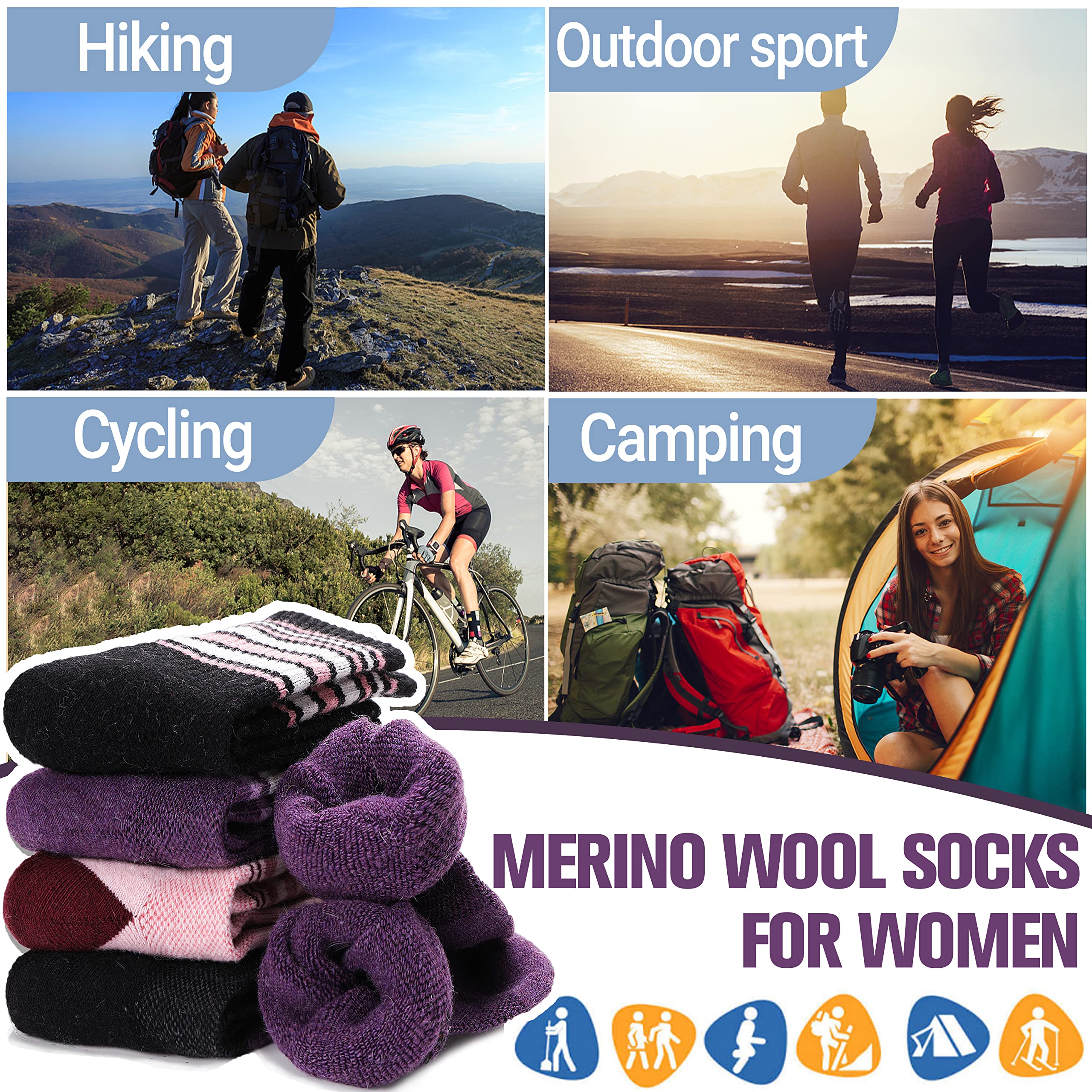 Merino Wool Hiking Socks for Women Thermal Winter Warm Boot Work Cushion Socks 5 Pairs