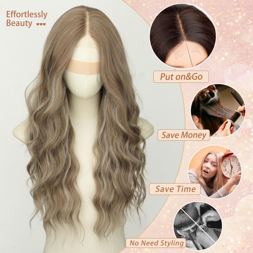 Long Brown Mixed Blonde Wavy Wig 4x1 Lace Natural Hairline Middle Part Curly Heat-Resistant Synthetic Fiber for Women & Beginners Daily Party Use 26In