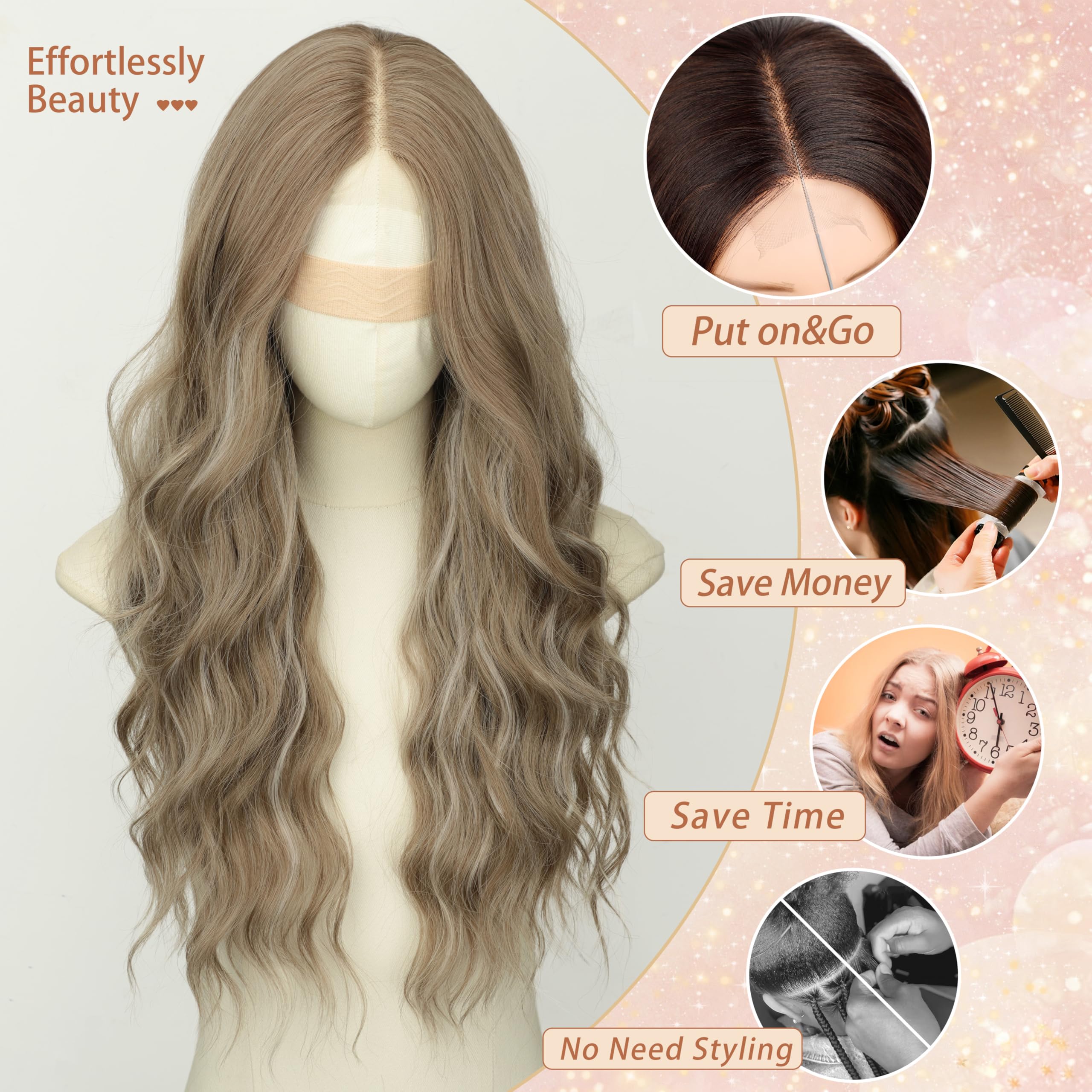 Long Brown Mixed Blonde Wavy Wig 4x1 Lace Natural Hairline Middle Part Curly Heat-Resistant Synthetic Fiber for Women & Beginners Daily Party Use 26In