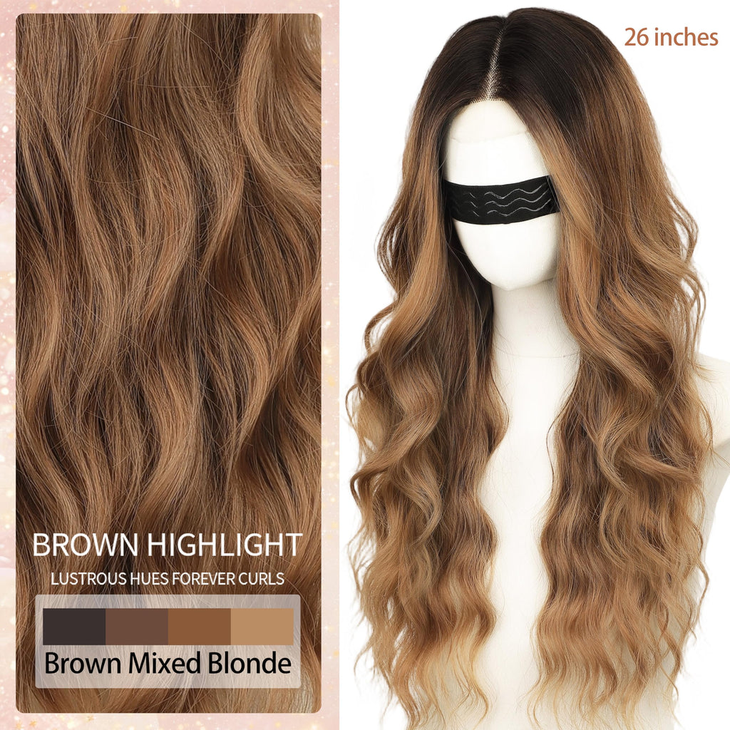 Long Brown Mixed Blonde Wavy Wig 4x1 Lace Natural Hairline Middle Part Curly Heat-Resistant Synthetic Fiber for Women & Beginners Daily Party Use 26In