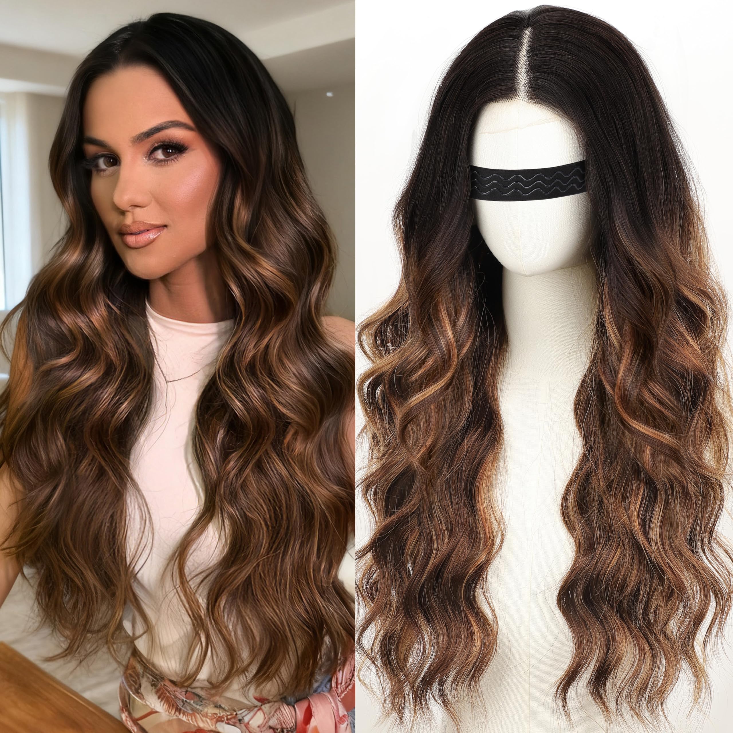 Long Brown Mixed Blonde Wavy Wig 4x1 Lace Natural Hairline Middle Part Curly Heat-Resistant Synthetic Fiber for Women & Beginners Daily Party Use 26In