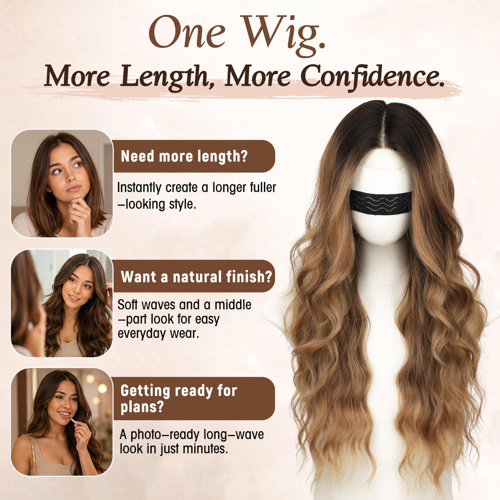 Long Brown Mixed Blonde Wavy Wig 4x1 Lace Natural Hairline Middle Part Curly Heat-Resistant Synthetic Fiber for Women & Beginners Daily Party Use 26In