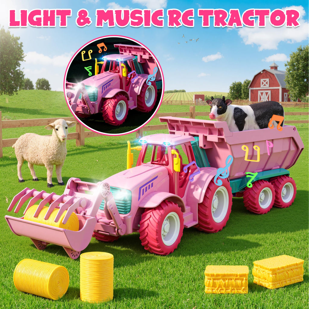 Funwee RC Farm Tractor Toy w/Light & Music, Kid Truck Toy w/Front Loader & Farm Animal, 2.4GHz RC Tractor Trailer Car Vehicle Toy for Boy Girl Age 3 4 5 6 7+ Year Old Christmas Birthday Gift (Pink)