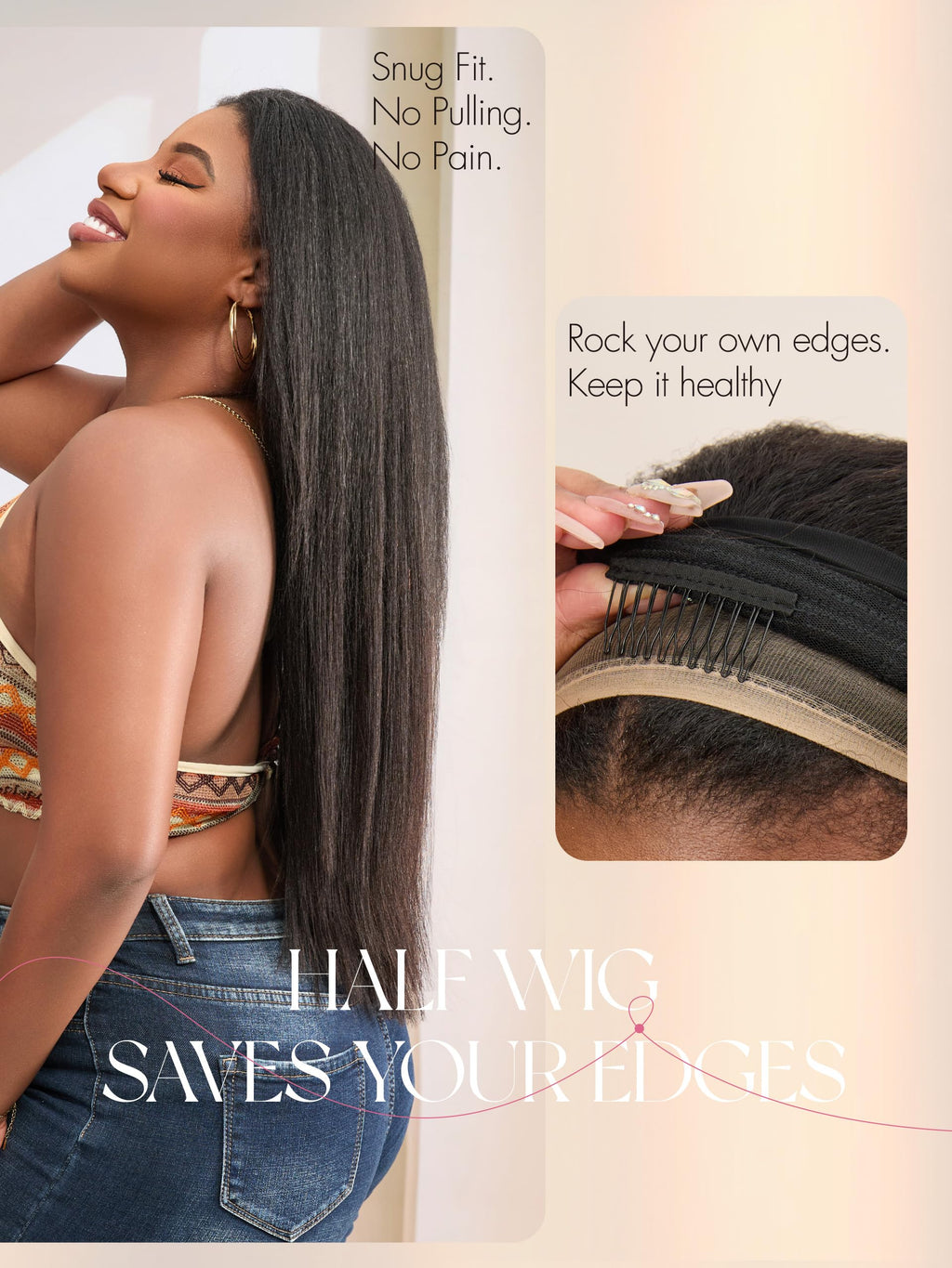 Half Wig Kinky Curly Flexi-Fit Invisi 3 in 1 Wigs Flip Drawstring Wig 200% Density Glueless Wigs 100% Human Hair Natural Black Ready to Go Headband Wig for Women 18 Inches