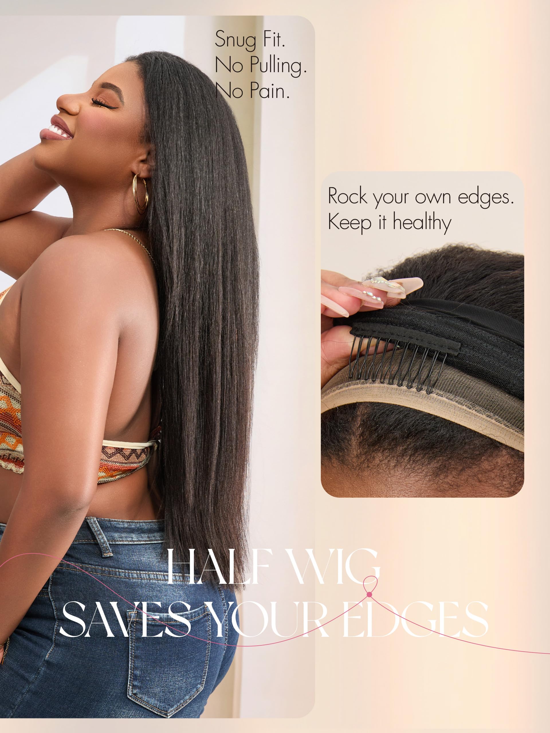 Half Wig Kinky Curly Flexi-Fit Invisi 3 in 1 Wigs Flip Drawstring Wig 200% Density Glueless Wigs 100% Human Hair Natural Black Ready to Go Headband Wig for Women 18 Inches