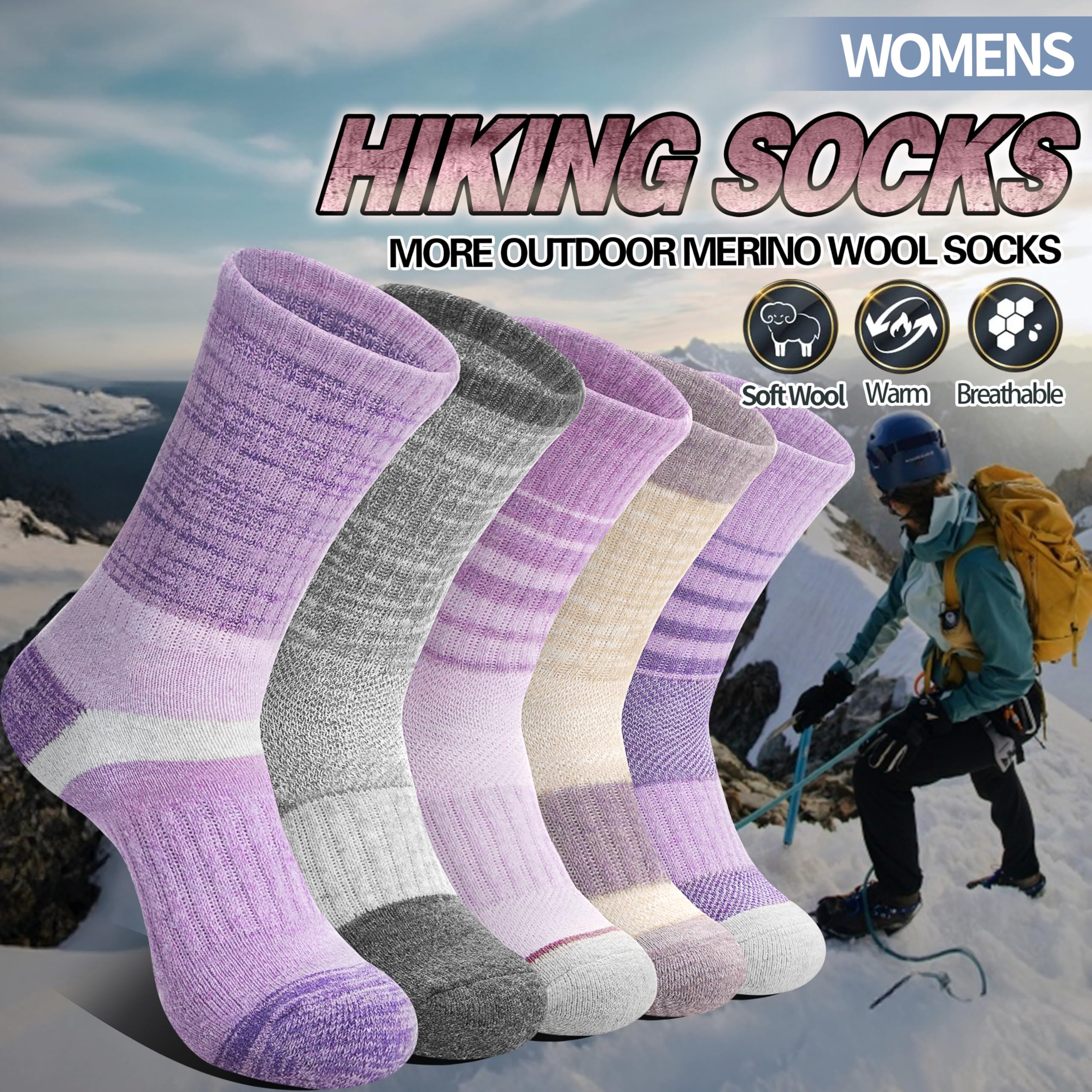 Merino Wool Hiking Socks for Women Thermal Winter Warm Boot Work Cushion Socks 5 Pairs