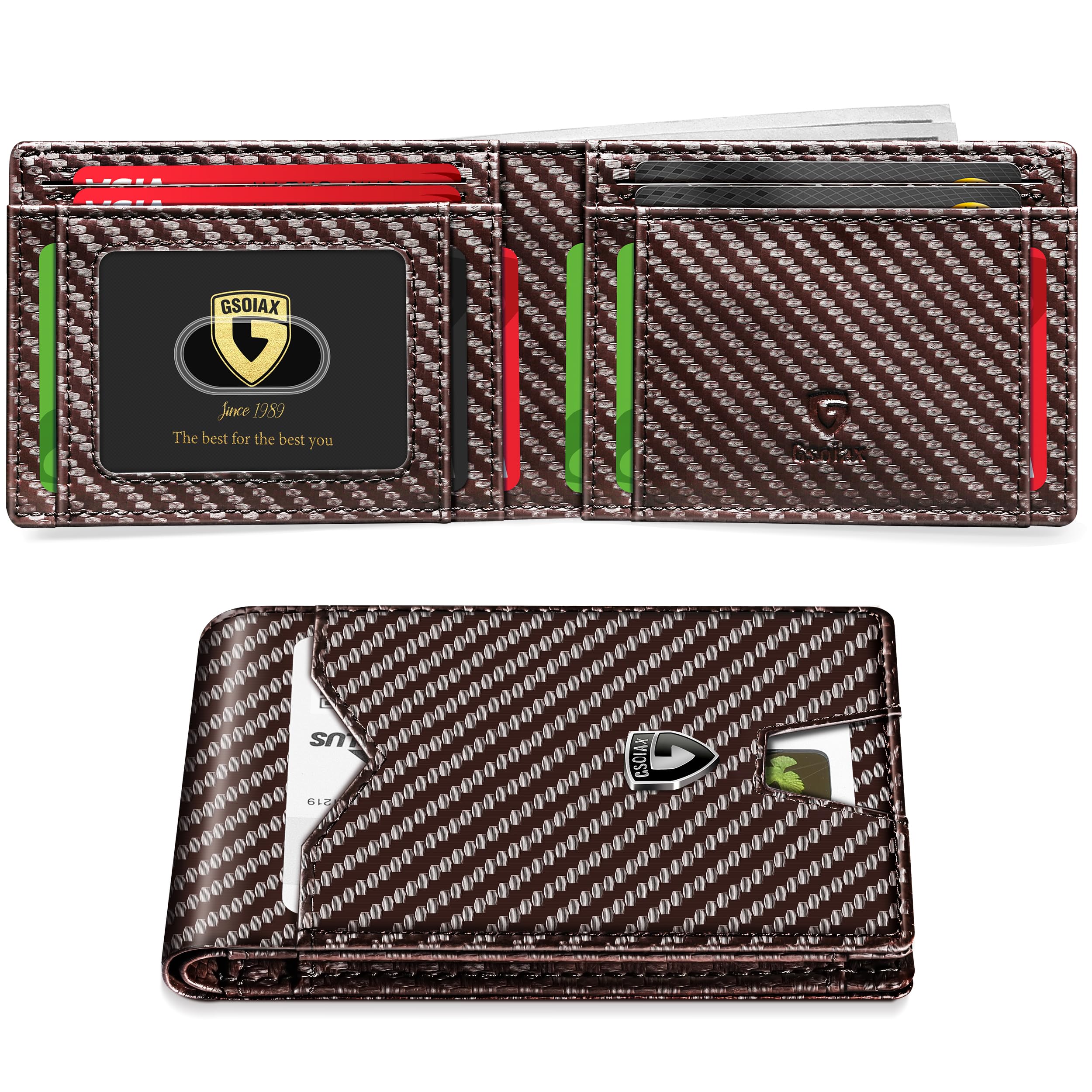 Slim Wallet for Men Rfid Blocking Leather Bifold Front Pocket Carbon Fiber Men's Money Clips Credit Card Holder With Gift Box