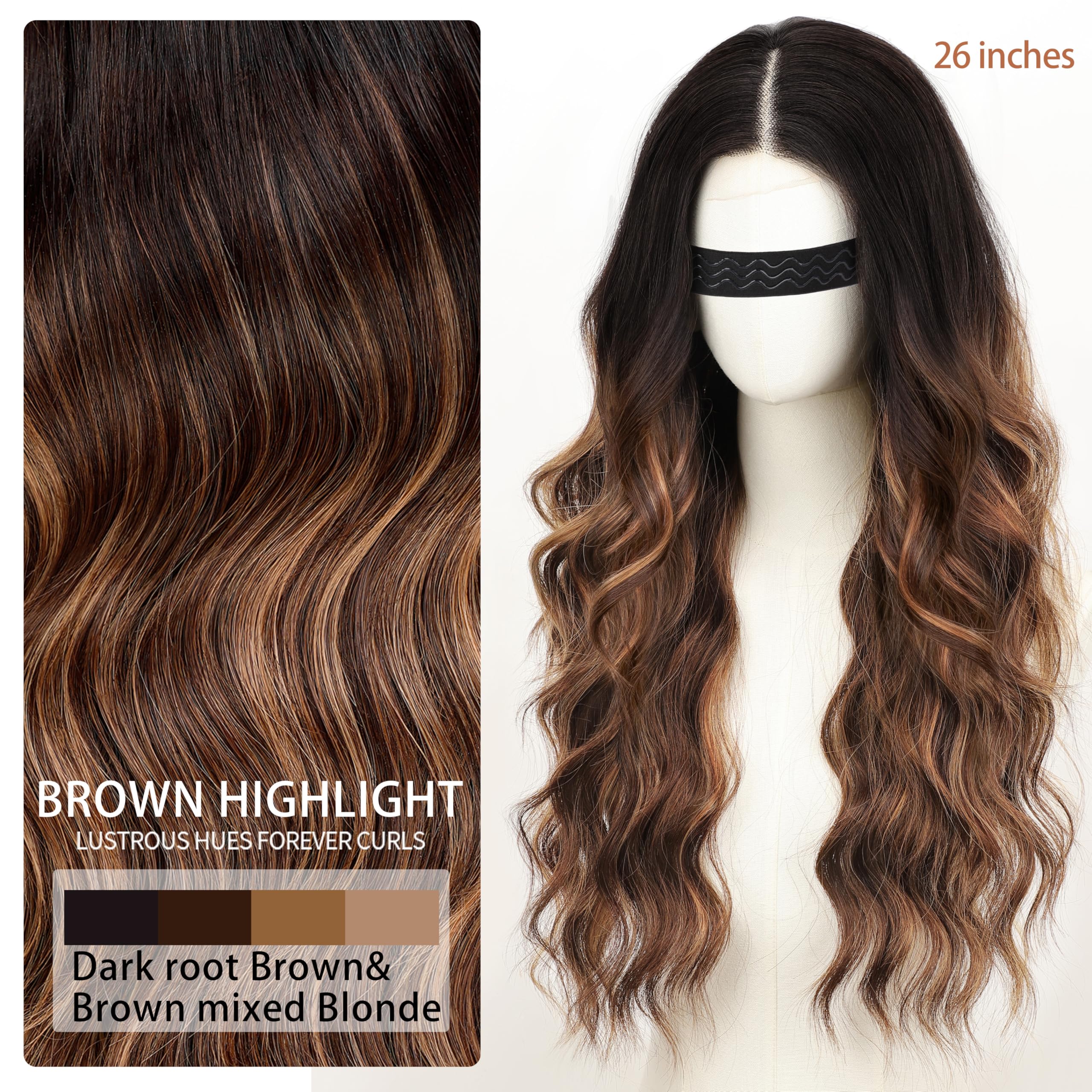 Long Brown Mixed Blonde Wavy Wig 4x1 Lace Natural Hairline Middle Part Curly Heat-Resistant Synthetic Fiber for Women & Beginners Daily Party Use 26In