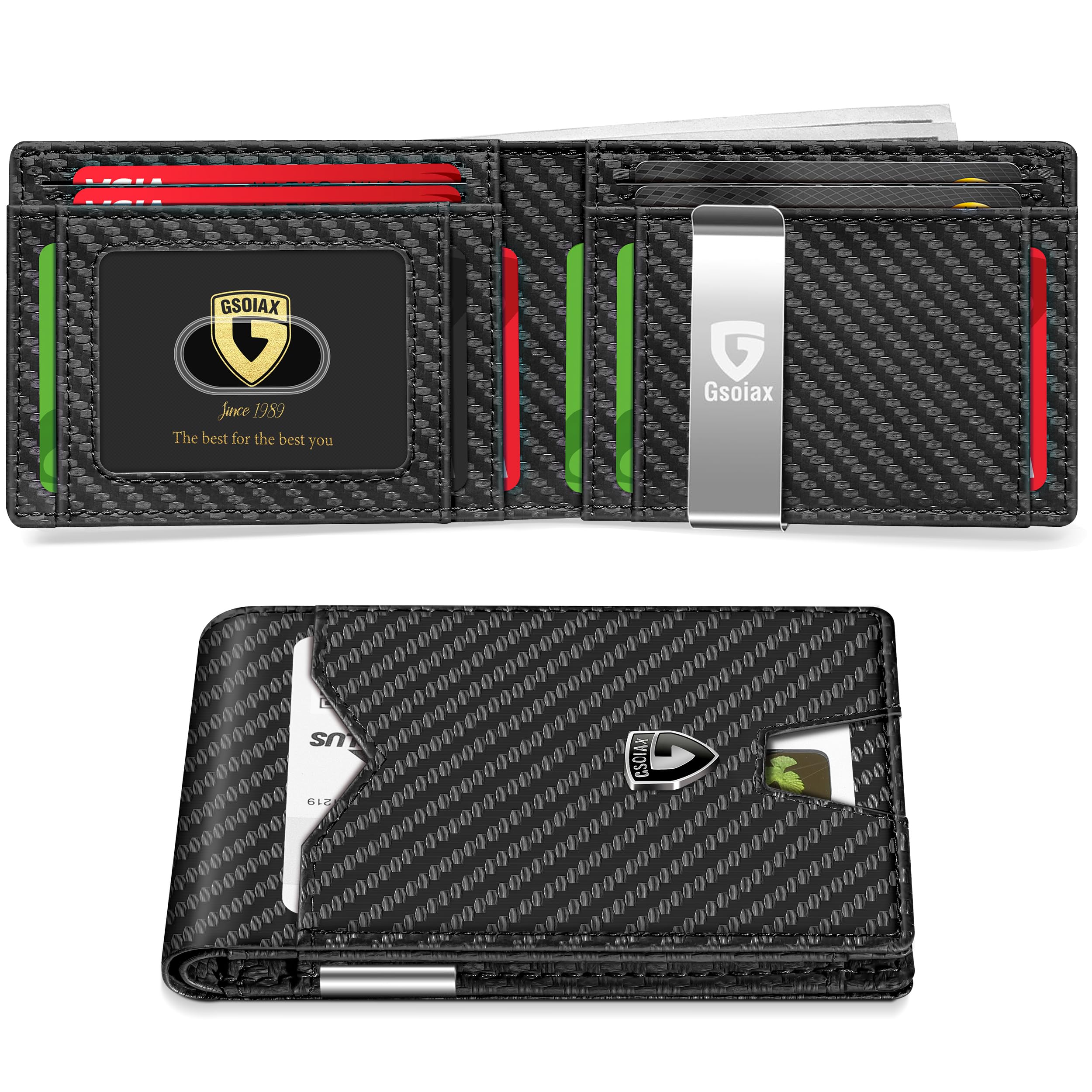 Slim Wallet for Men Rfid Blocking Leather Bifold Front Pocket Carbon Fiber Men's Money Clips Credit Card Holder With Gift Box