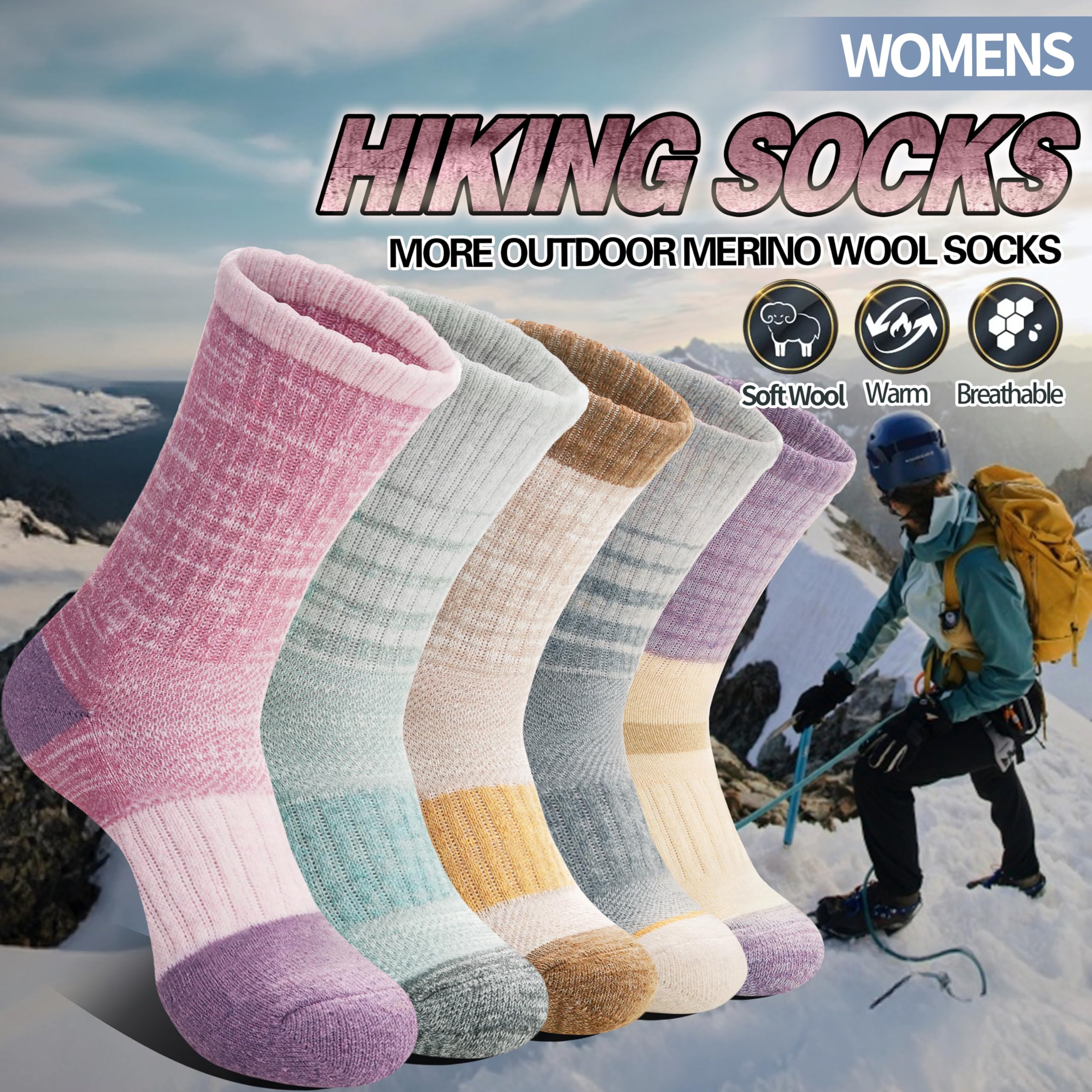 Merino Wool Hiking Socks for Women Thermal Winter Warm Boot Work Cushion Socks 5 Pairs