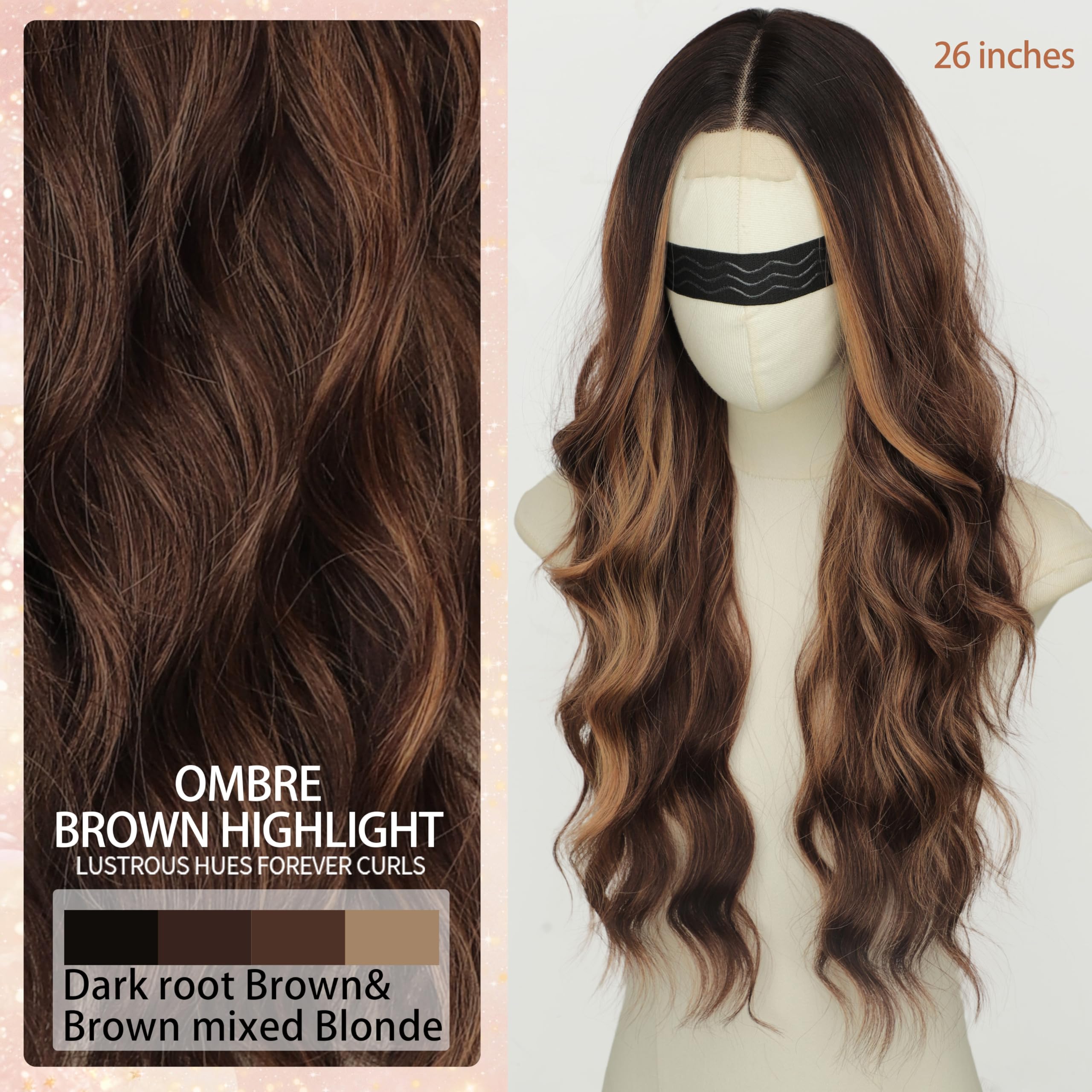 Long Brown Mixed Blonde Wavy Wig 4x1 Lace Natural Hairline Middle Part Curly Heat-Resistant Synthetic Fiber for Women & Beginners Daily Party Use 26In