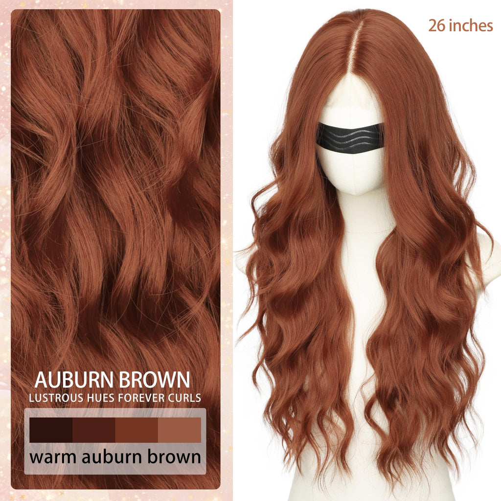Long Brown Mixed Blonde Wavy Wig 4x1 Lace Natural Hairline Middle Part Curly Heat-Resistant Synthetic Fiber for Women & Beginners Daily Party Use 26In