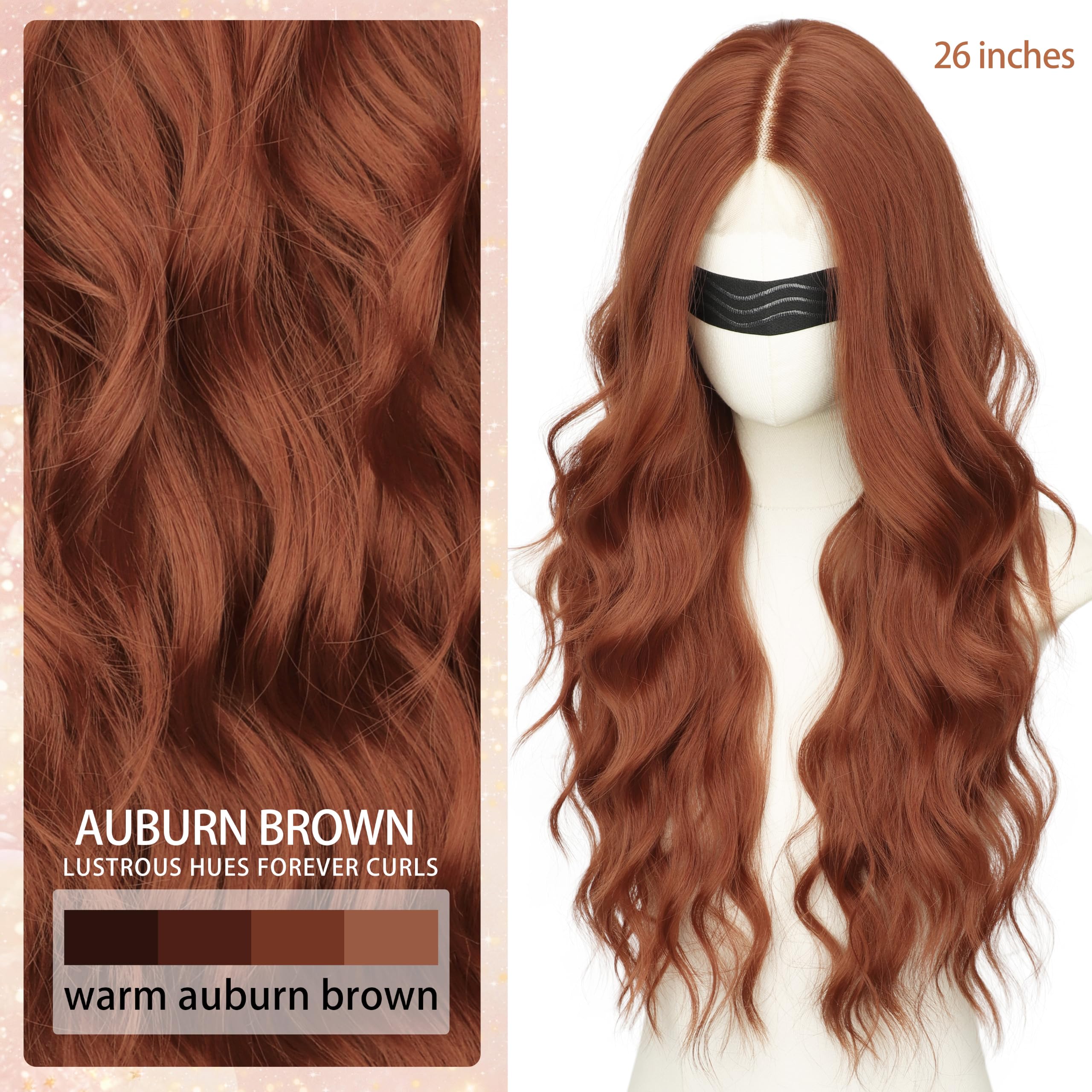 Long Brown Mixed Blonde Wavy Wig 4x1 Lace Natural Hairline Middle Part Curly Heat-Resistant Synthetic Fiber for Women & Beginners Daily Party Use 26In