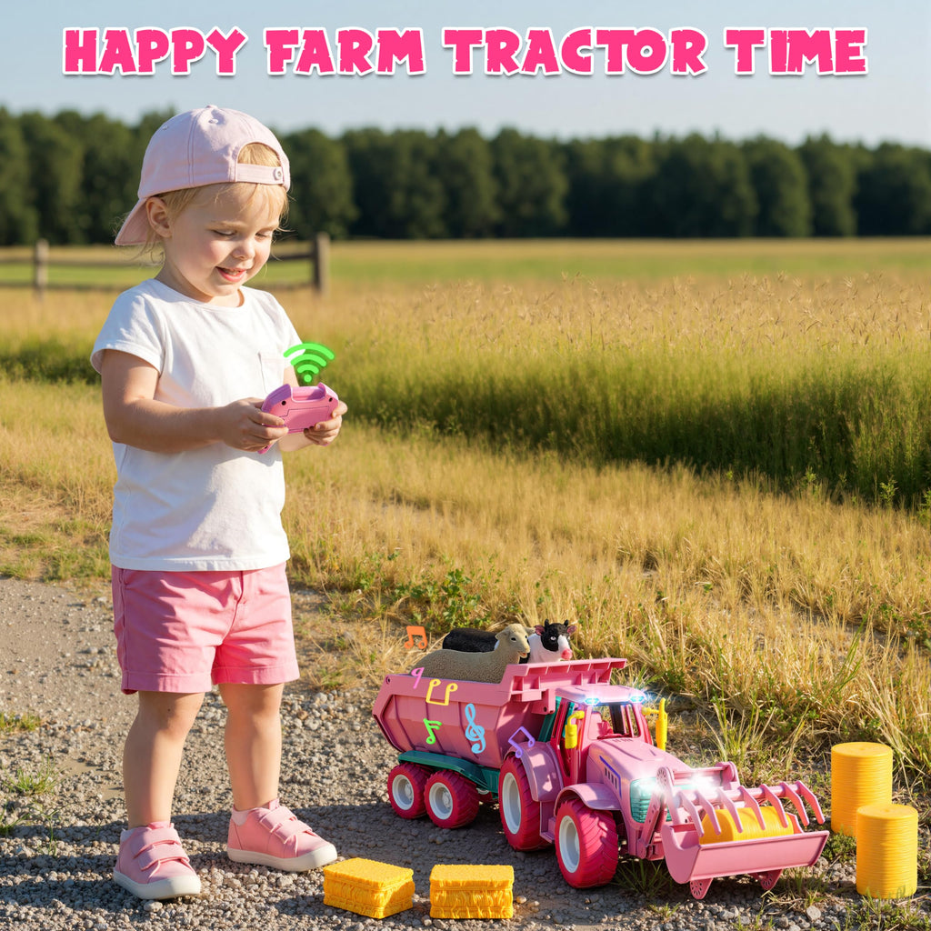 Funwee RC Farm Tractor Toy w/Light & Music, Kid Truck Toy w/Front Loader & Farm Animal, 2.4GHz RC Tractor Trailer Car Vehicle Toy for Boy Girl Age 3 4 5 6 7+ Year Old Christmas Birthday Gift (Pink)