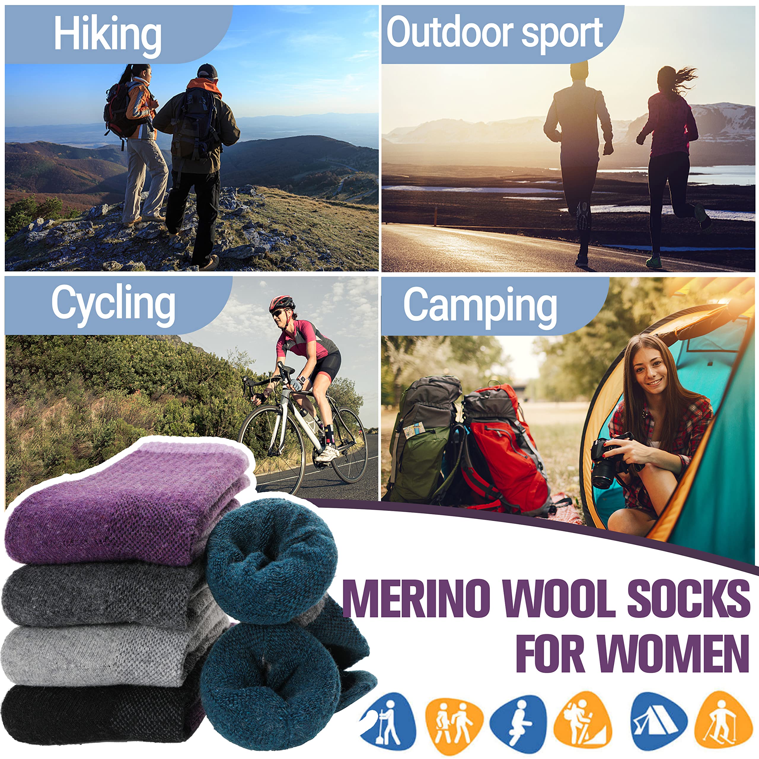 Merino Wool Hiking Socks for Women Thermal Winter Warm Boot Work Cushion Socks 5 Pairs