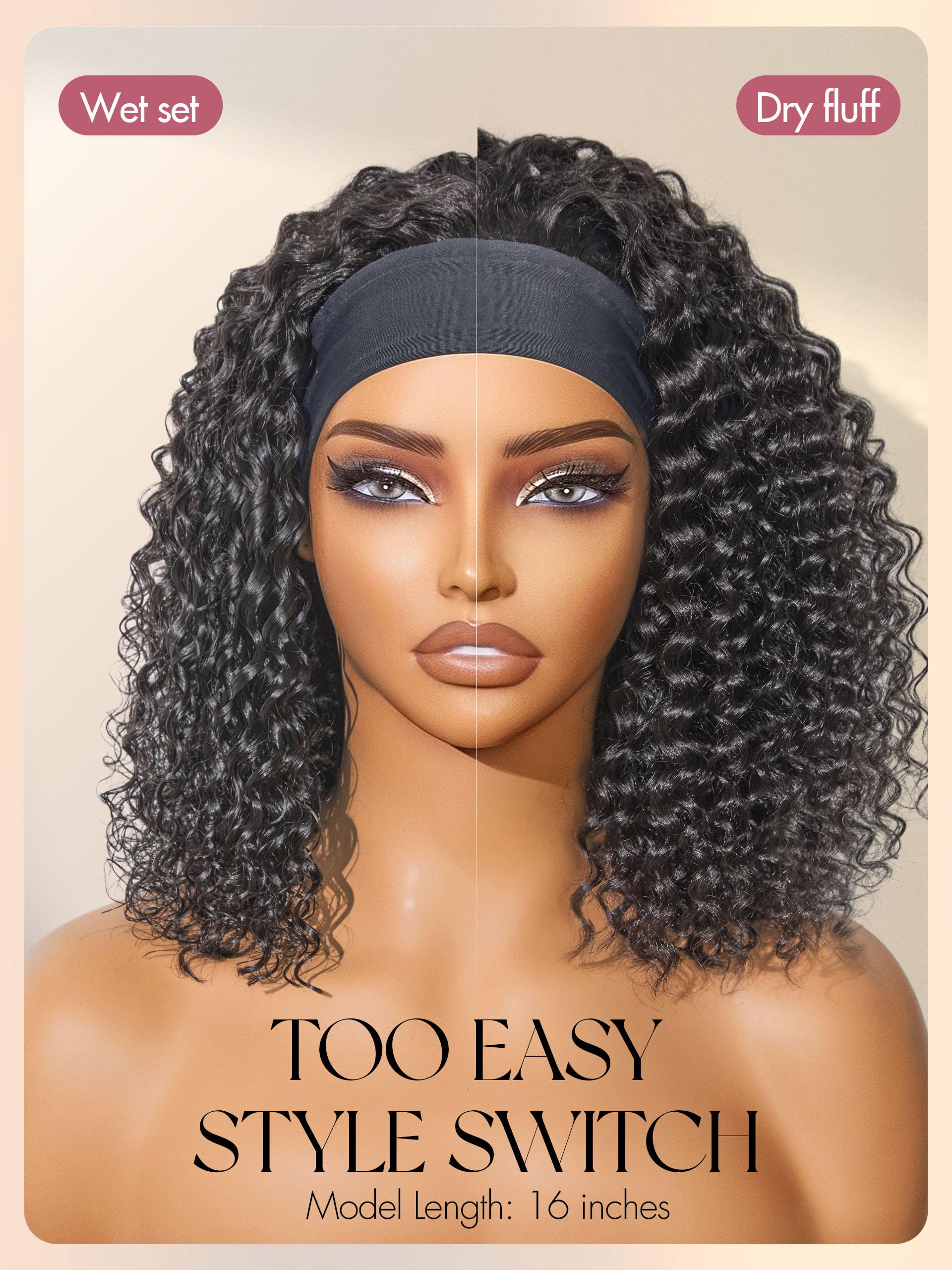 HAIR Headband Wig Human Hair Kinky Straight Drawstring Half Wig for Black Women 100% Real Human Hair Glueless None Lace Wigs Brazilian Virgin Hair Machine Made Wig 200 Density Natural Color