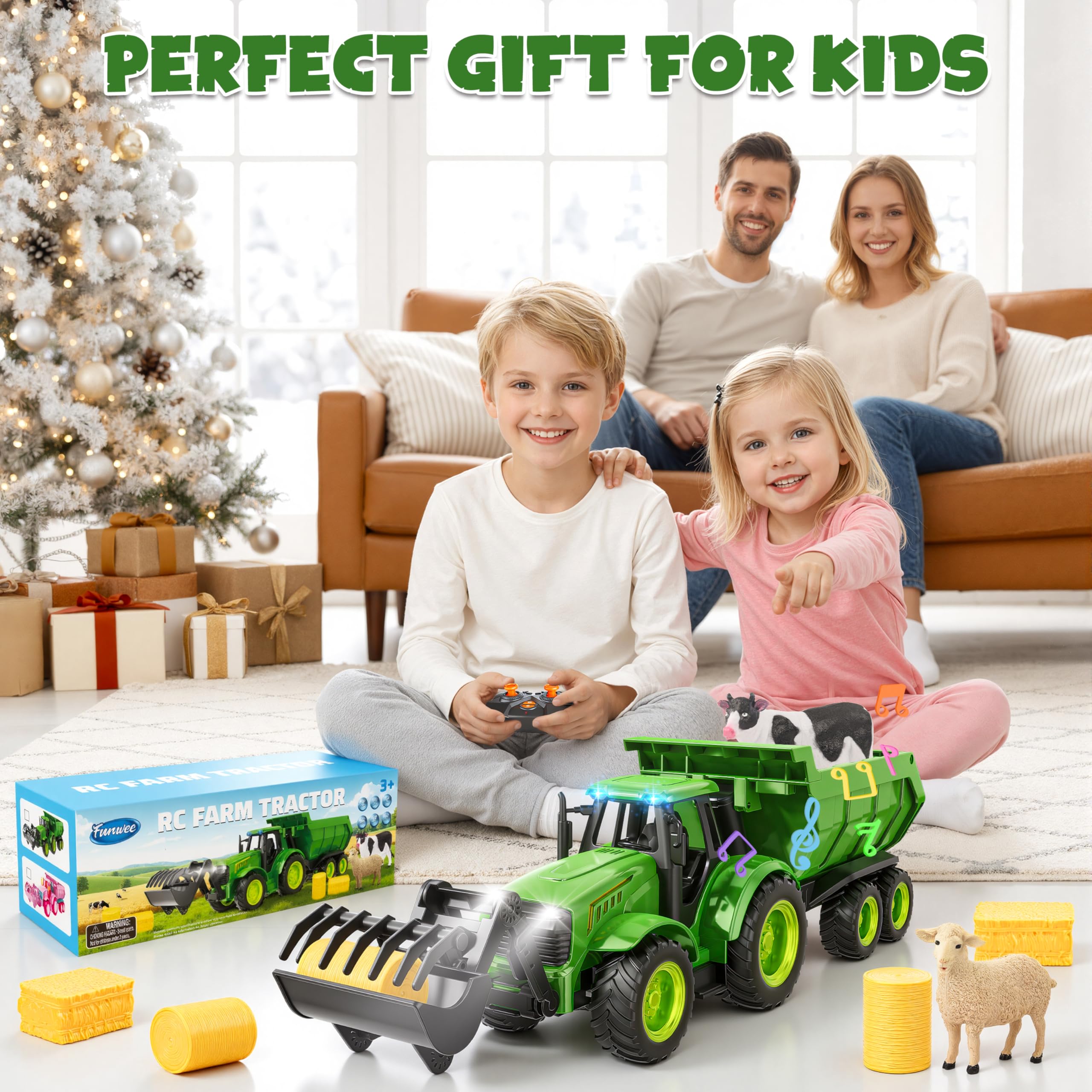 Funwee RC Farm Tractor Toy w/Light & Music, Kid Truck Toy w/Front Loader & Farm Animal, 2.4GHz RC Tractor Trailer Car Vehicle Toy for Boy Girl Age 3 4 5 6 7+ Year Old Christmas Birthday Gift (Pink)