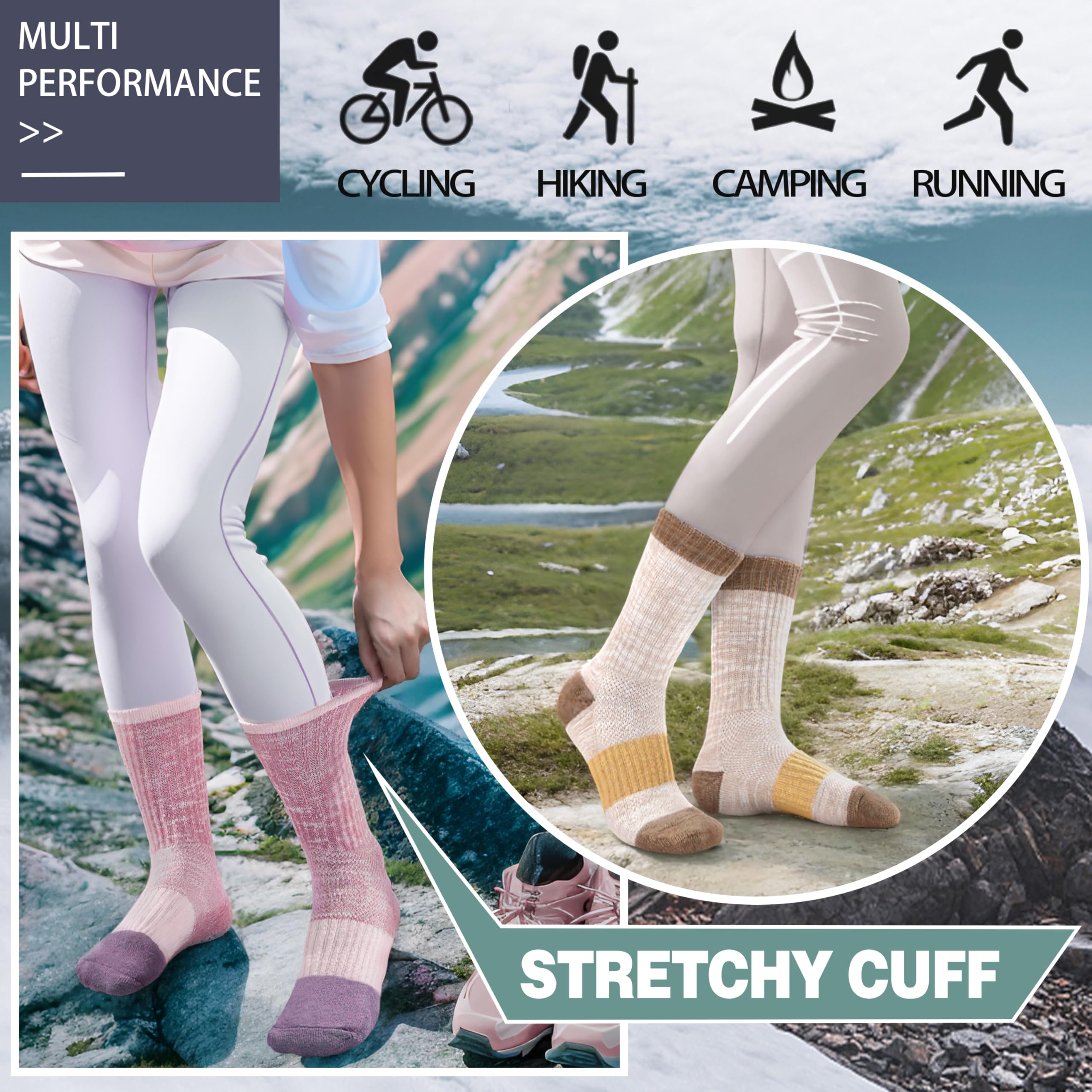 Merino Wool Hiking Socks for Women Thermal Winter Warm Boot Work Cushion Socks 5 Pairs
