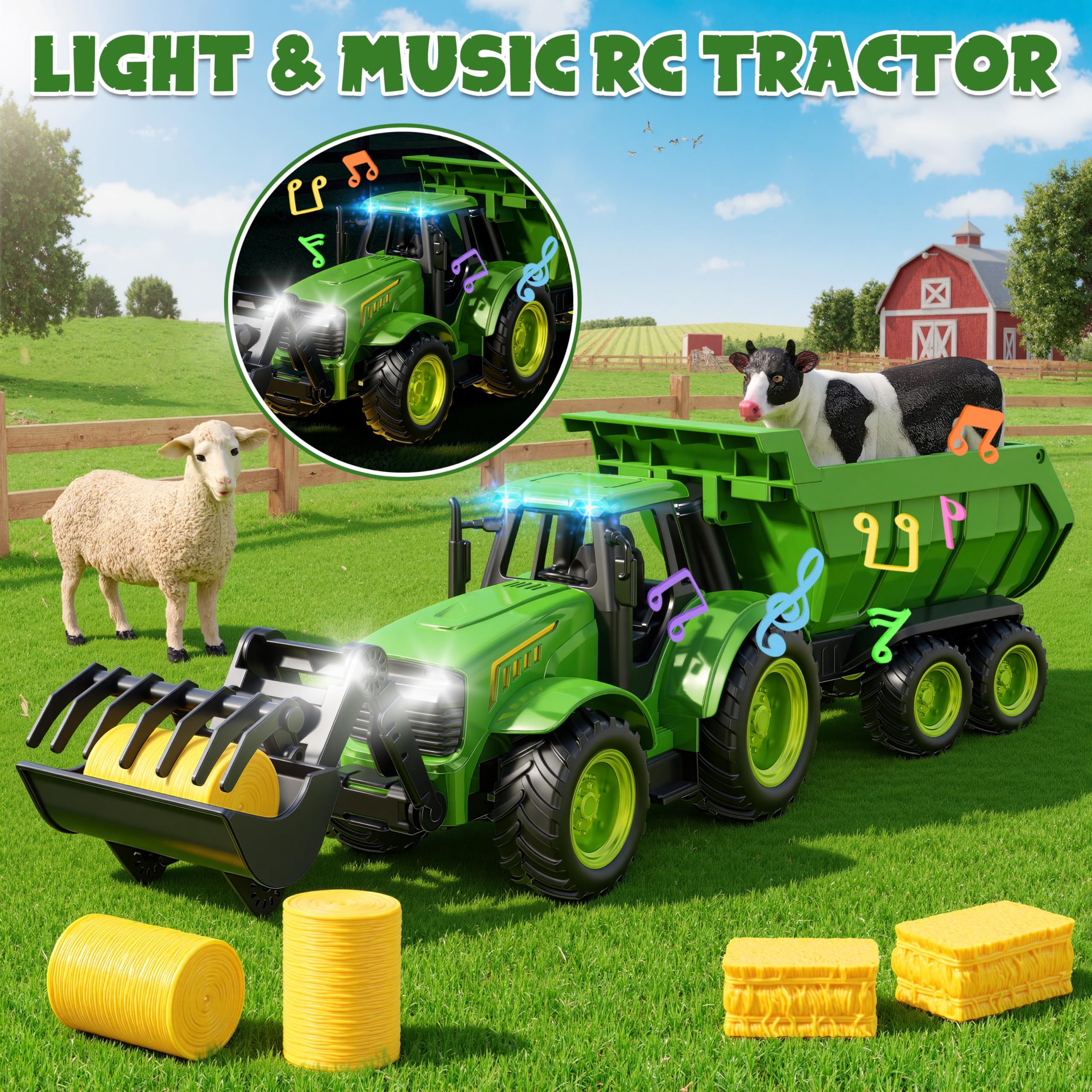 Funwee RC Farm Tractor Toy w/Light & Music, Kid Truck Toy w/Front Loader & Farm Animal, 2.4GHz RC Tractor Trailer Car Vehicle Toy for Boy Girl Age 3 4 5 6 7+ Year Old Christmas Birthday Gift (Pink)