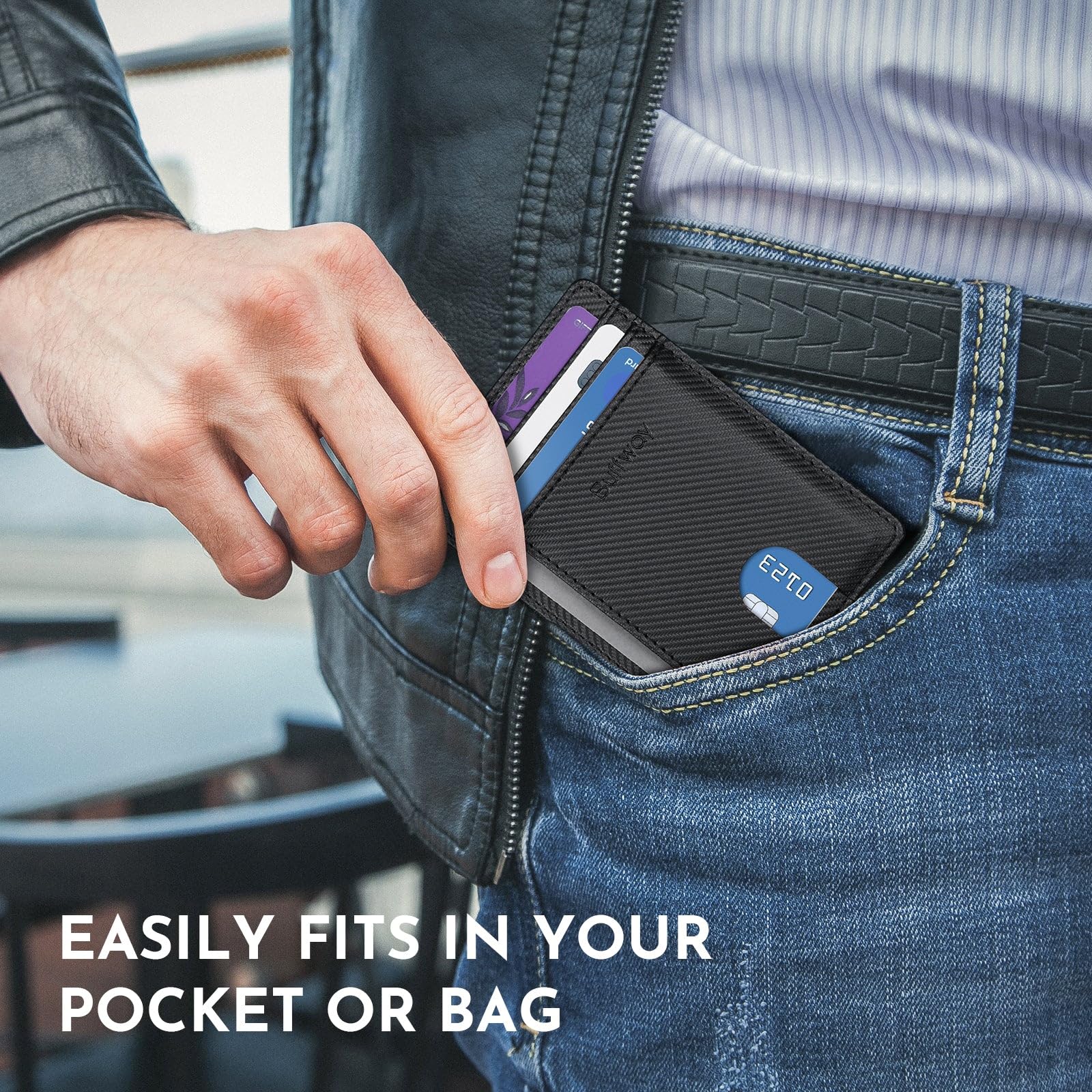Slim Minimalist Front Pocket RFID Blocking Leather Wallets for Men and Women - Carbon Fiber Black
