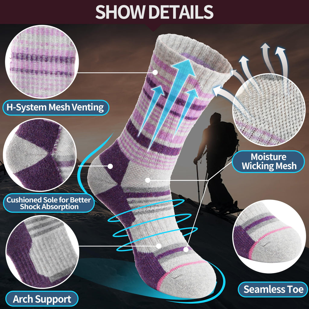 Merino Wool Hiking Socks for Women Thermal Winter Warm Boot Work Cushion Socks 5 Pairs