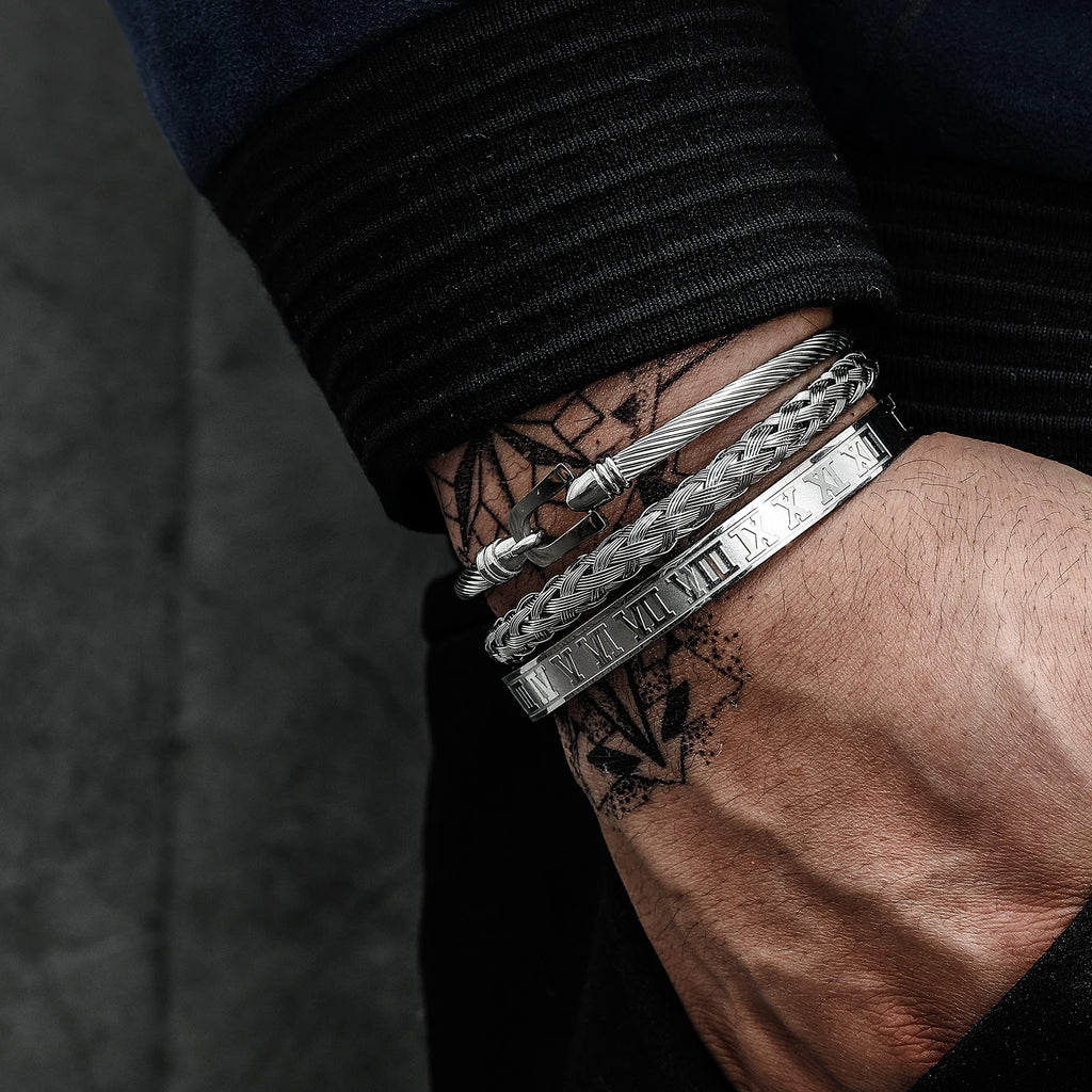 3PCS Stainless Steel Bracelets for Men Gold Roman Numeral Bangle Bracelet Twisted Cable Bracelet Adjustable Cuff Bracelet Mens Luxury Jewelry Bracelets Gifts