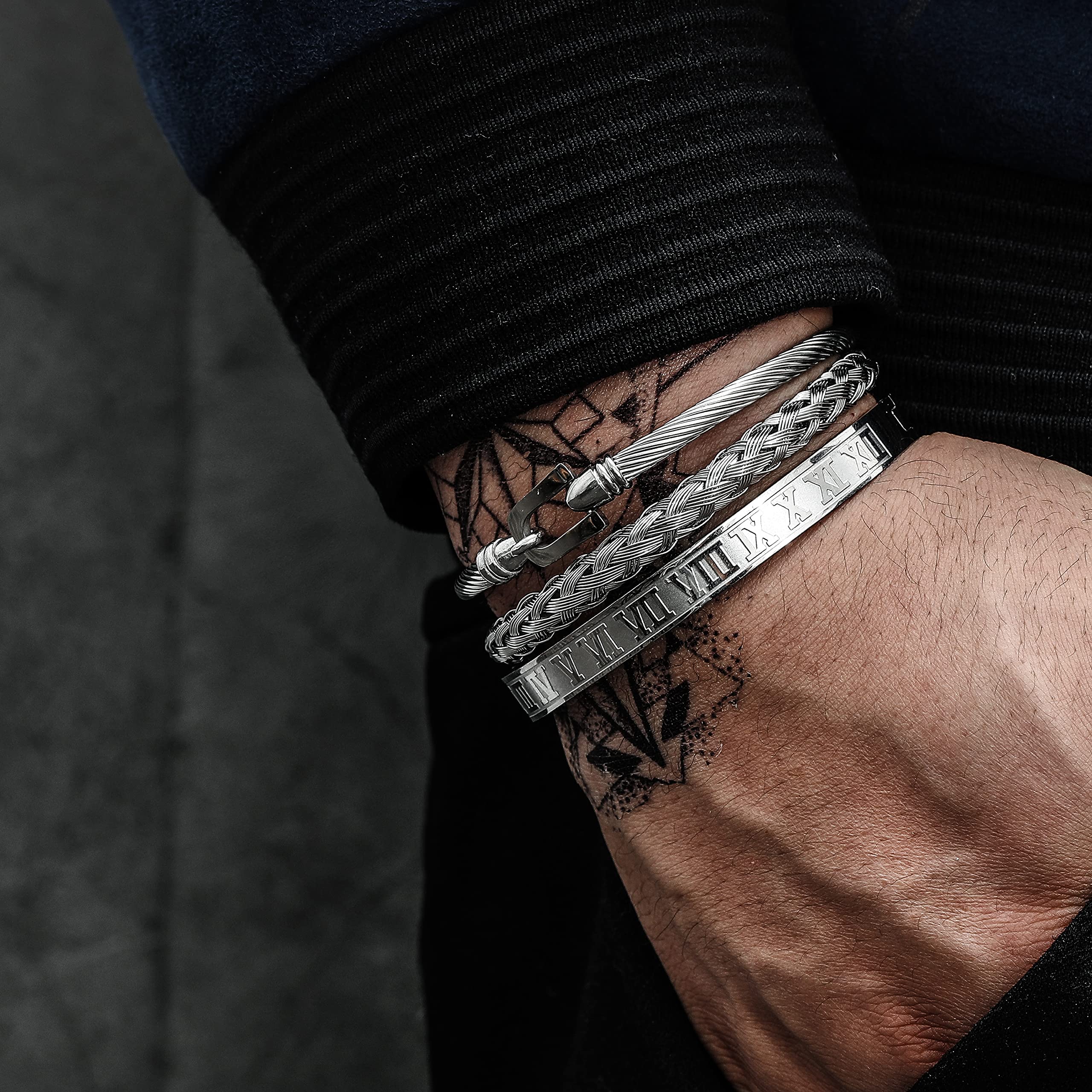 3PCS Stainless Steel Bracelets for Men Gold Roman Numeral Bangle Bracelet Twisted Cable Bracelet Adjustable Cuff Bracelet Mens Luxury Jewelry Bracelets Gifts