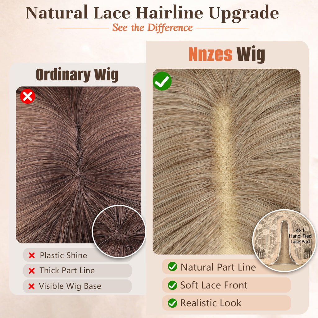 Long Brown Mixed Blonde Wavy Wig 4x1 Lace Natural Hairline Middle Part Curly Heat-Resistant Synthetic Fiber for Women & Beginners Daily Party Use 26In