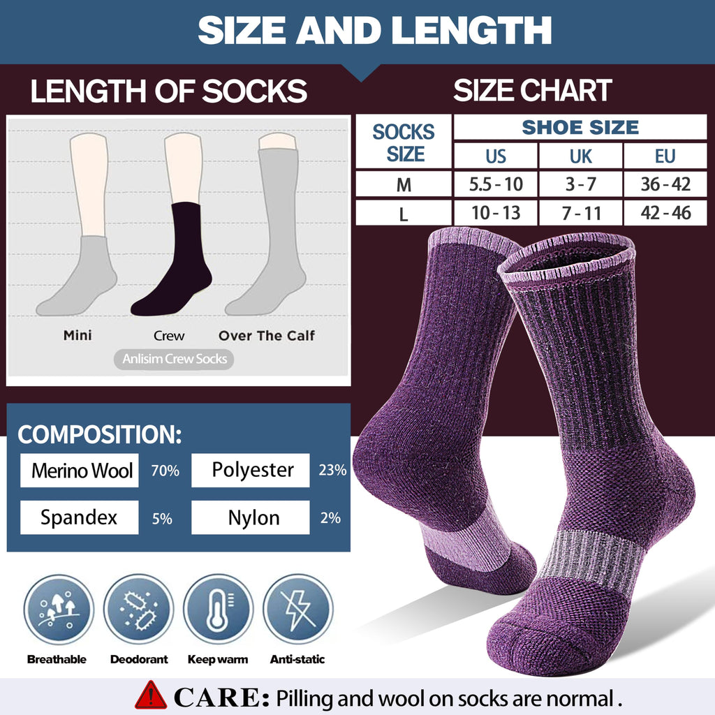 Merino Wool Hiking Socks for Women Thermal Winter Warm Boot Work Cushion Socks 5 Pairs