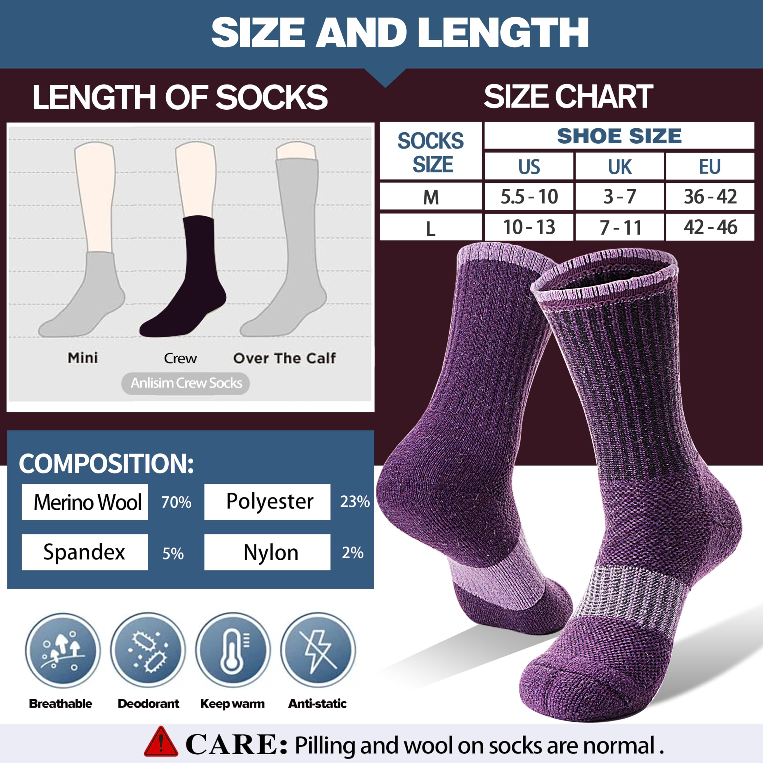 Merino Wool Hiking Socks for Women Thermal Winter Warm Boot Work Cushion Socks 5 Pairs