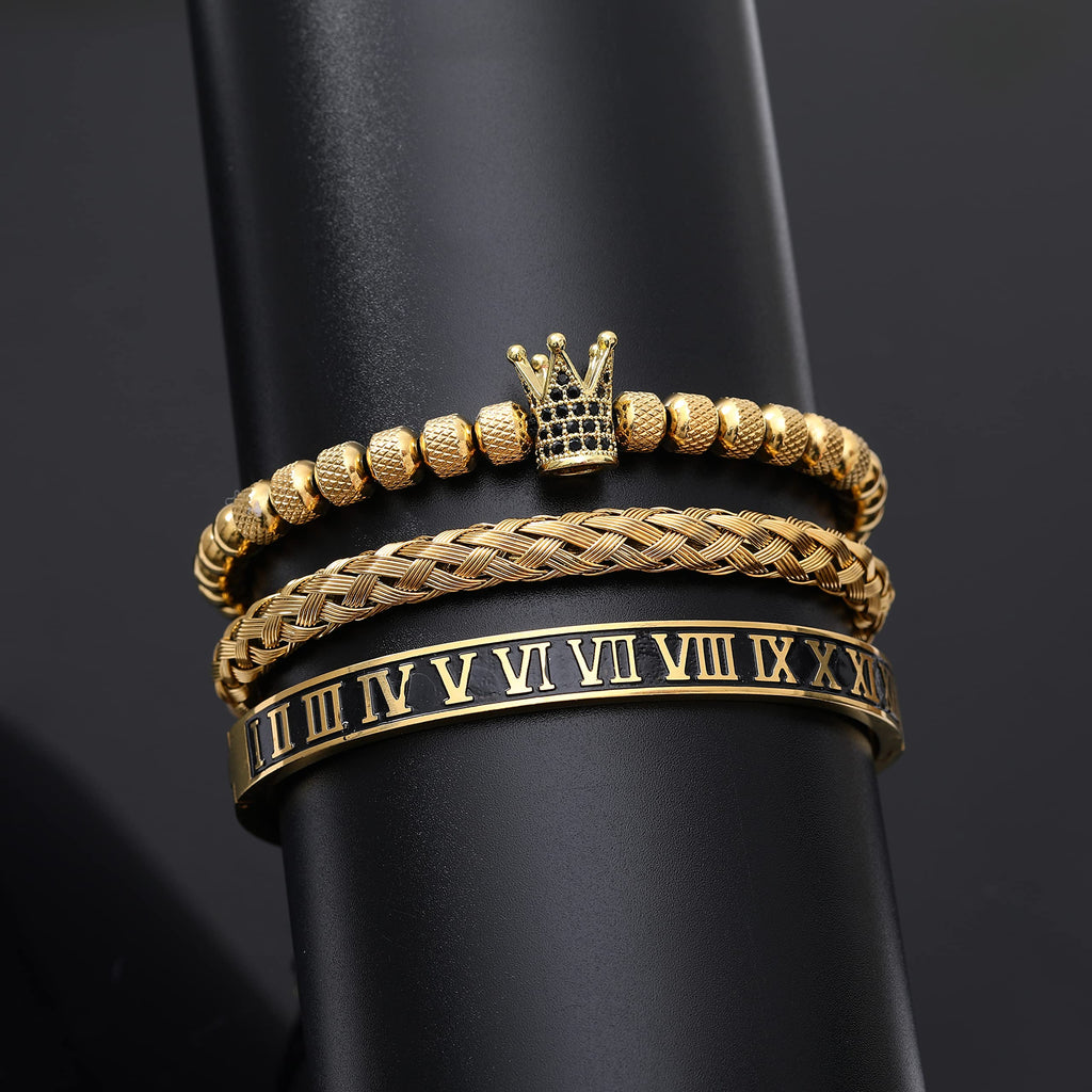 3PCS Stainless Steel Bracelets for Men Gold Roman Numeral Bangle Bracelet Twisted Cable Bracelet Adjustable Cuff Bracelet Mens Luxury Jewelry Bracelets Gifts