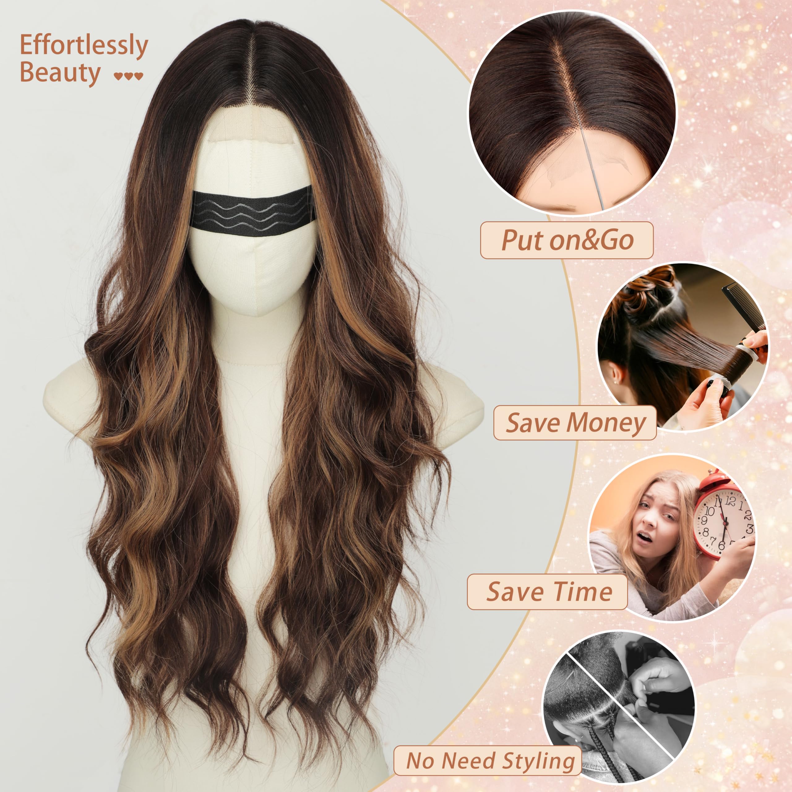 Long Brown Mixed Blonde Wavy Wig 4x1 Lace Natural Hairline Middle Part Curly Heat-Resistant Synthetic Fiber for Women & Beginners Daily Party Use 26In