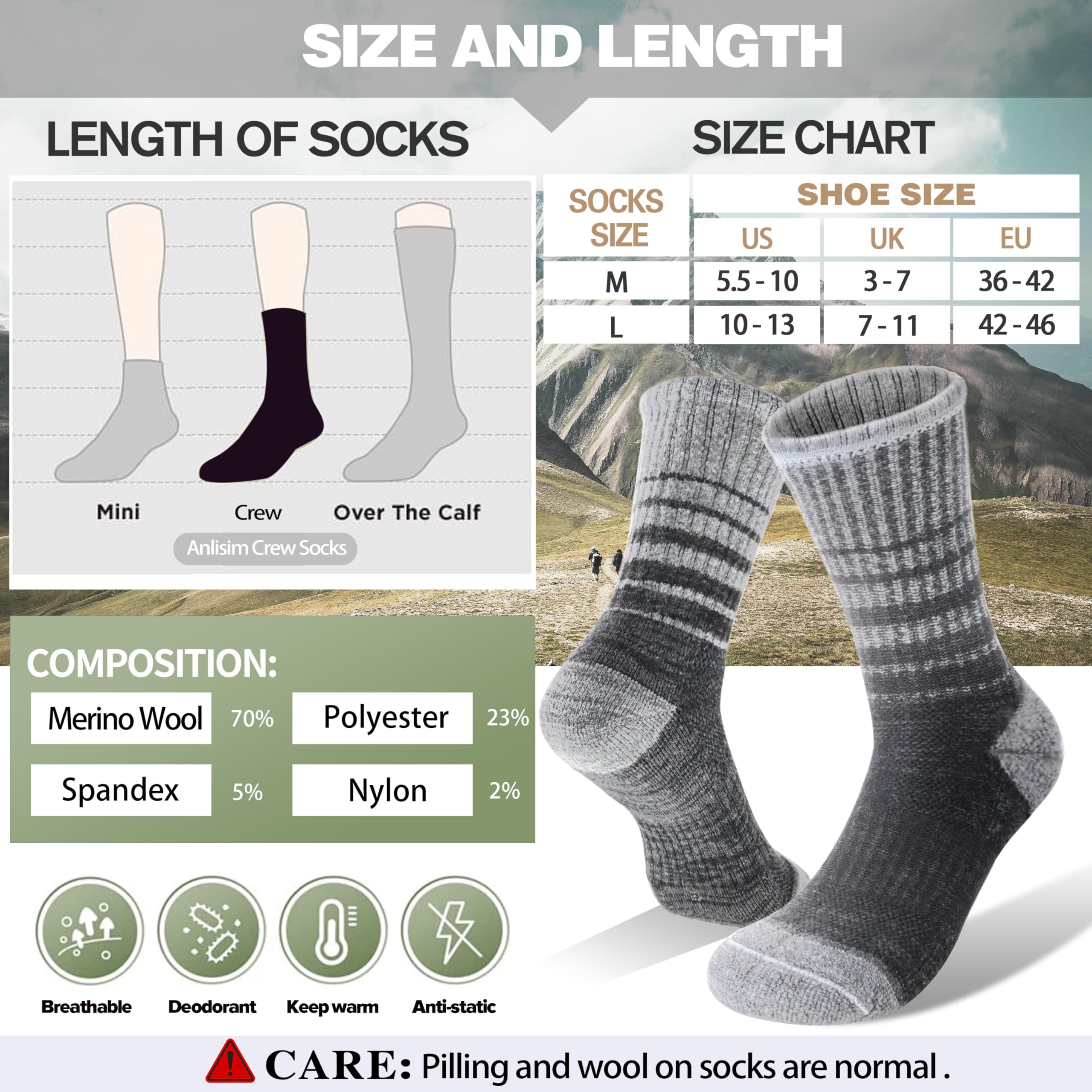 Merino Wool Hiking Socks for Women Thermal Winter Warm Boot Work Cushion Socks 5 Pairs